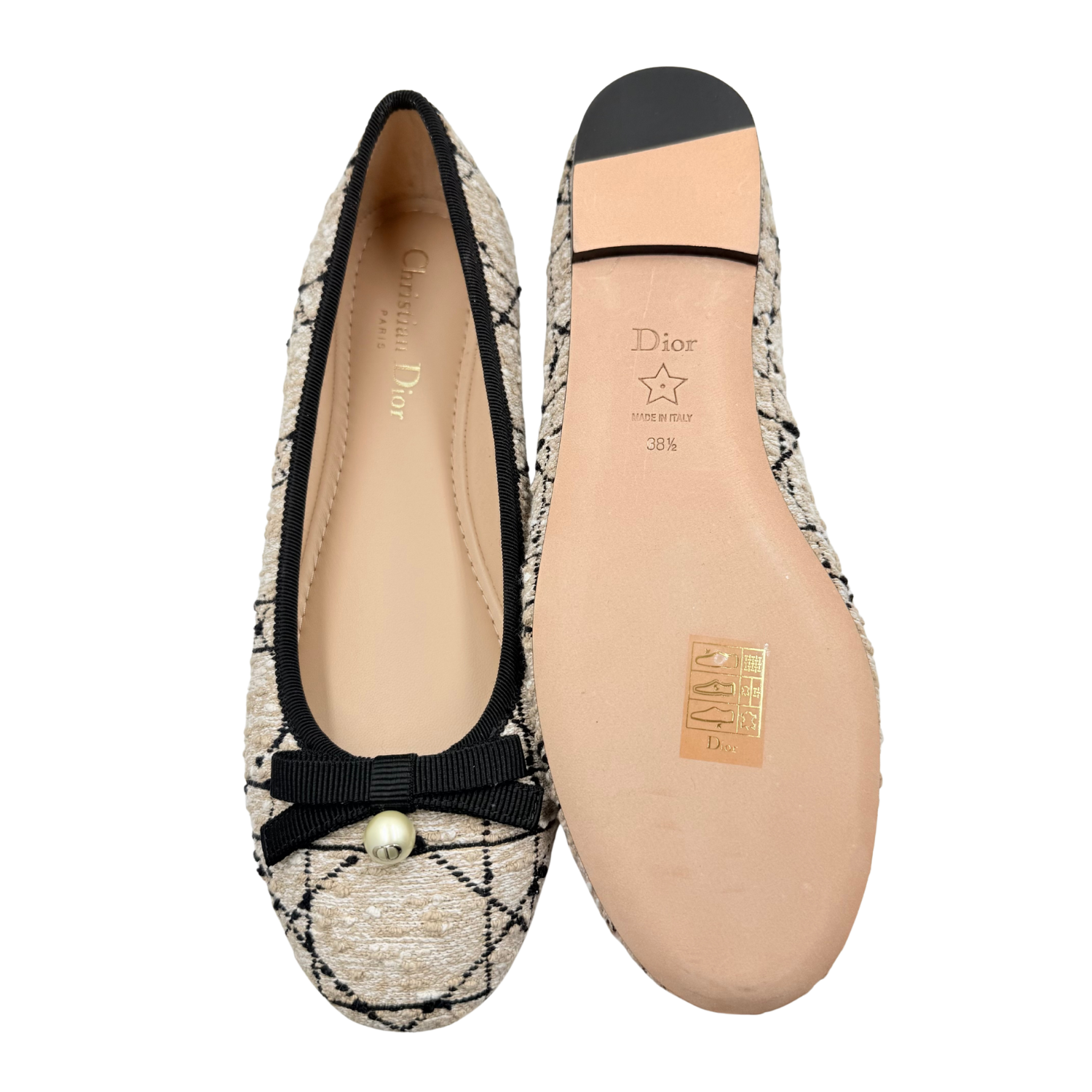 Christian Dior Tweed Cannage Ballet Flat Beige and Black