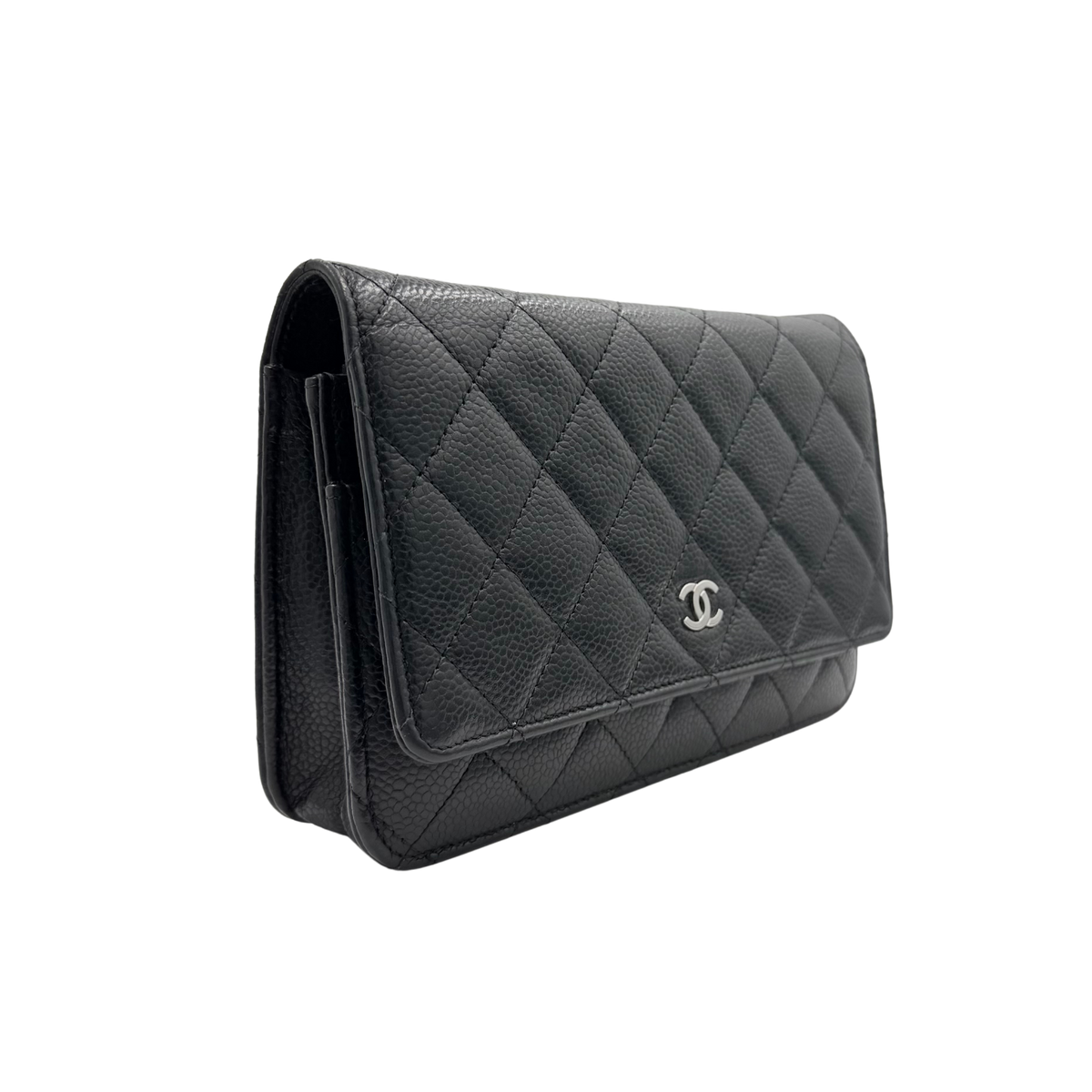 Chanel black caviar Wallet on Chain, front three-quarter view