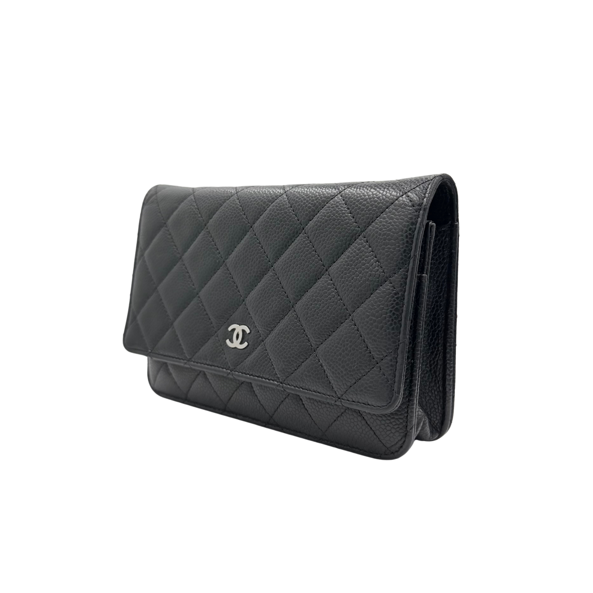 Chanel black caviar Wallet on Chain, opposite front three-quarter view