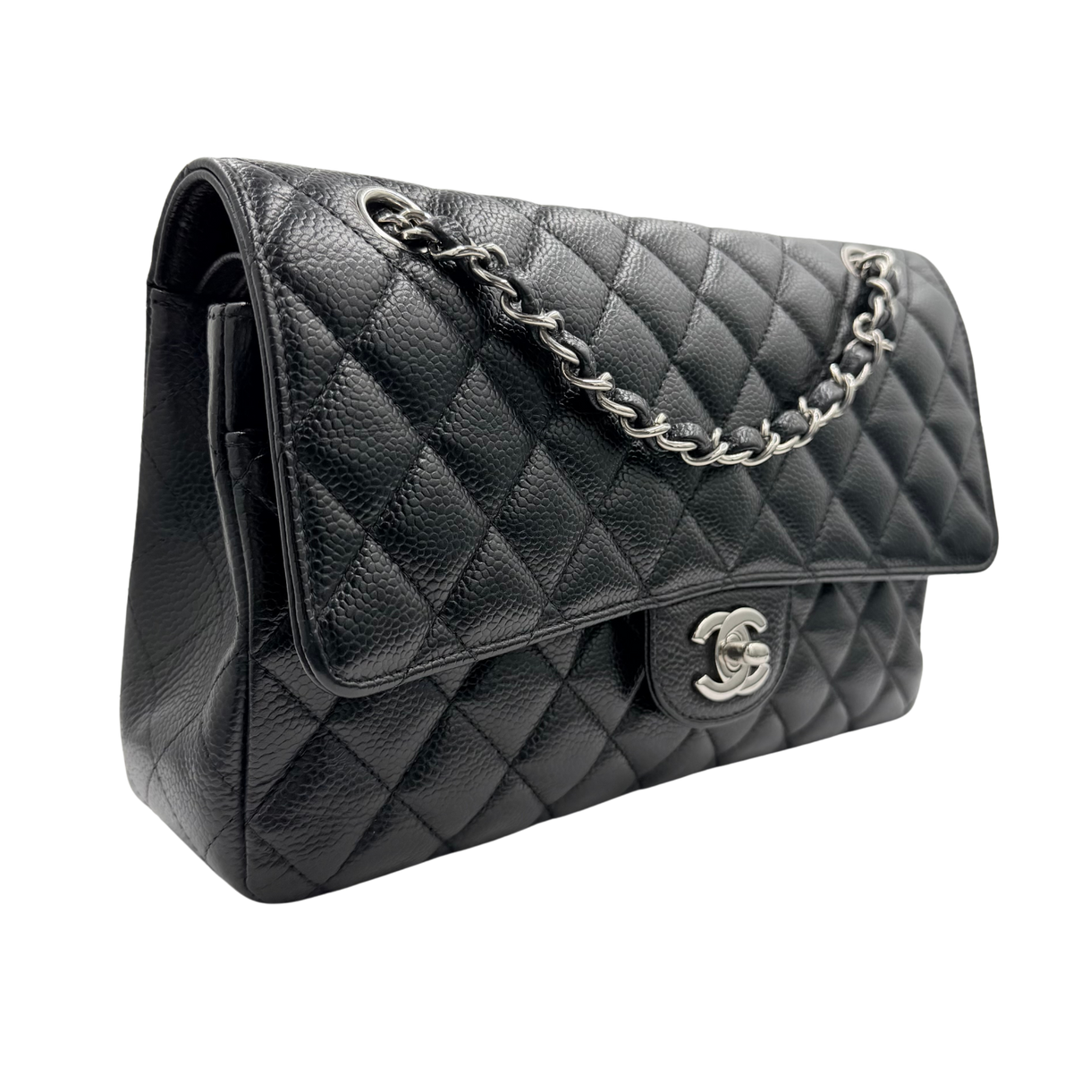 Chanel black caviar Medium Classic Flap, front three-quarter view showing quilted flap and side gusset