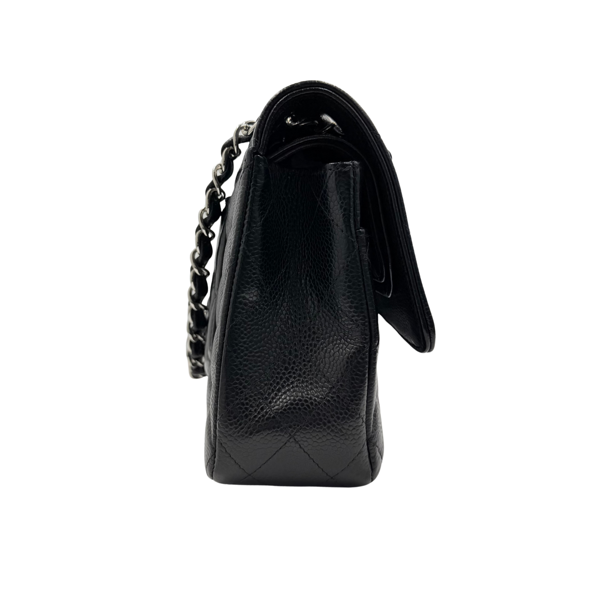 Chanel black caviar Medium Classic Flap, side profile showing layered flap construction