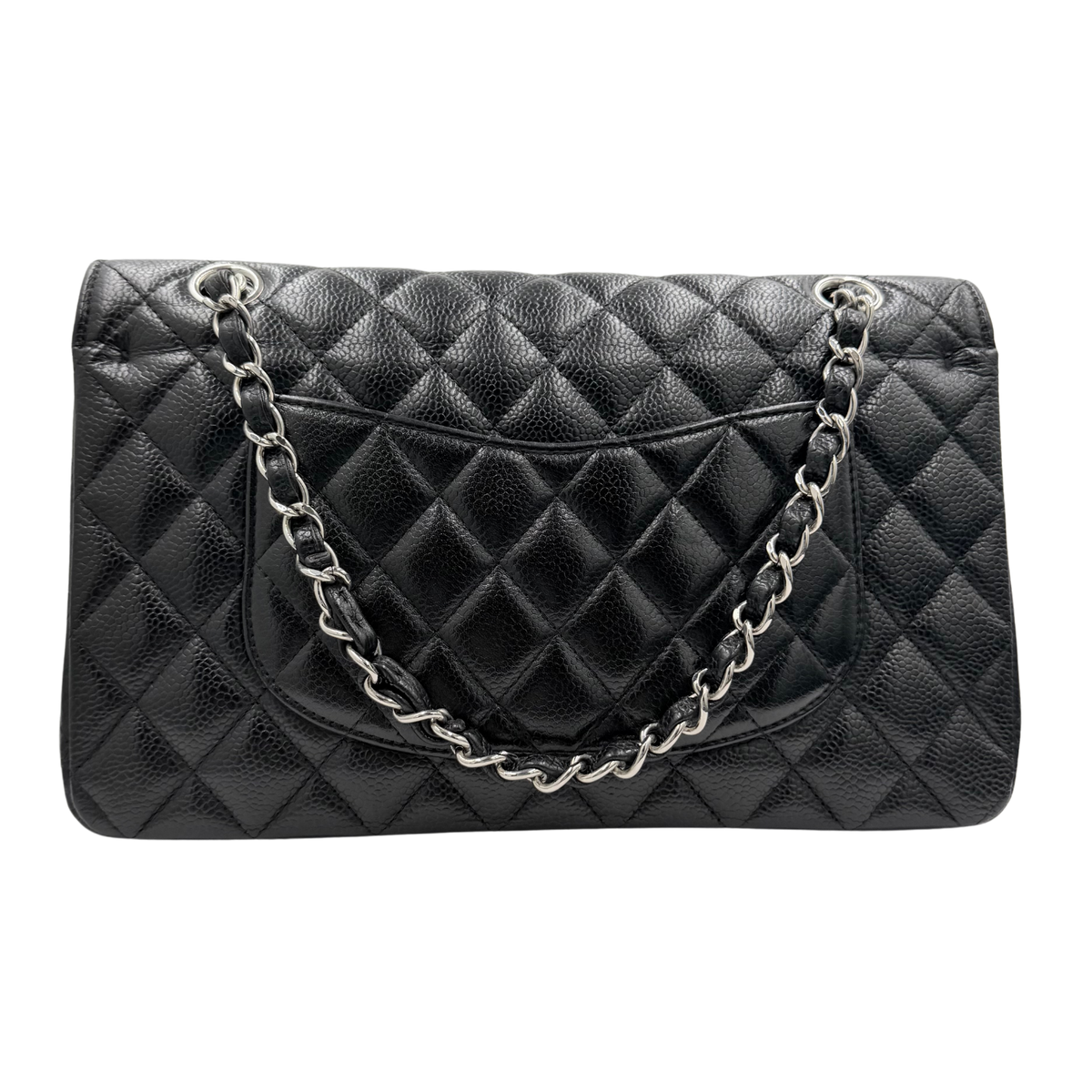 Chanel black caviar Medium Classic Flap, rear view with curved slip pocket and leather-interwoven chain