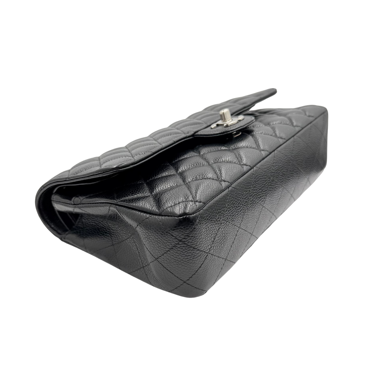 Chanel black caviar Medium Classic Flap, angled base and corner view