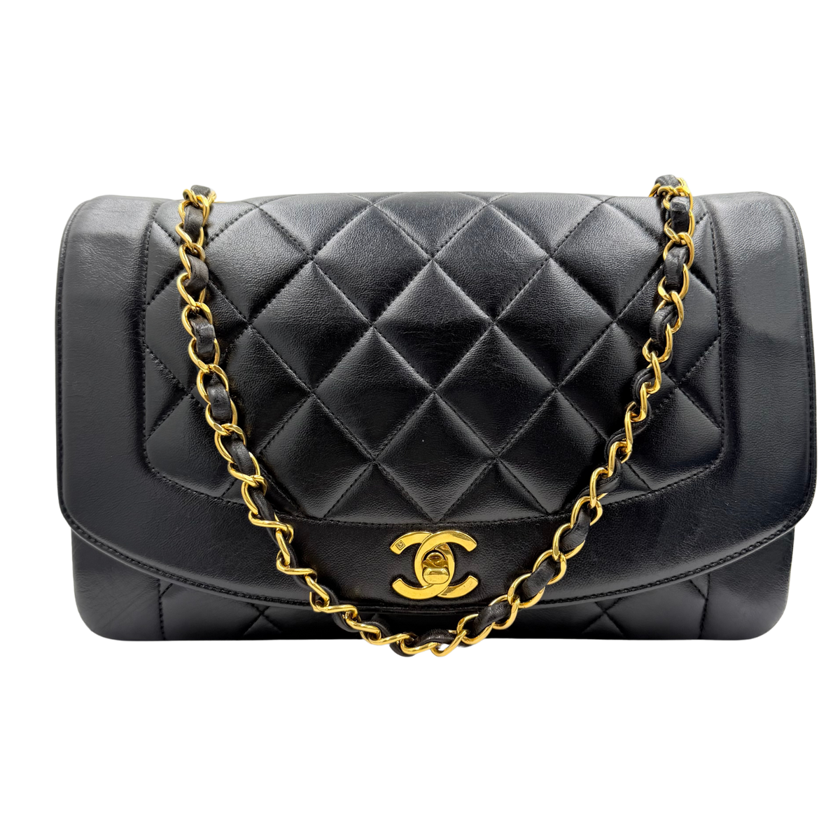 Chanel black quilted lambskin Diana Medium flap bag, front view with gold-tone CC turn-lock and leather-interwoven chain