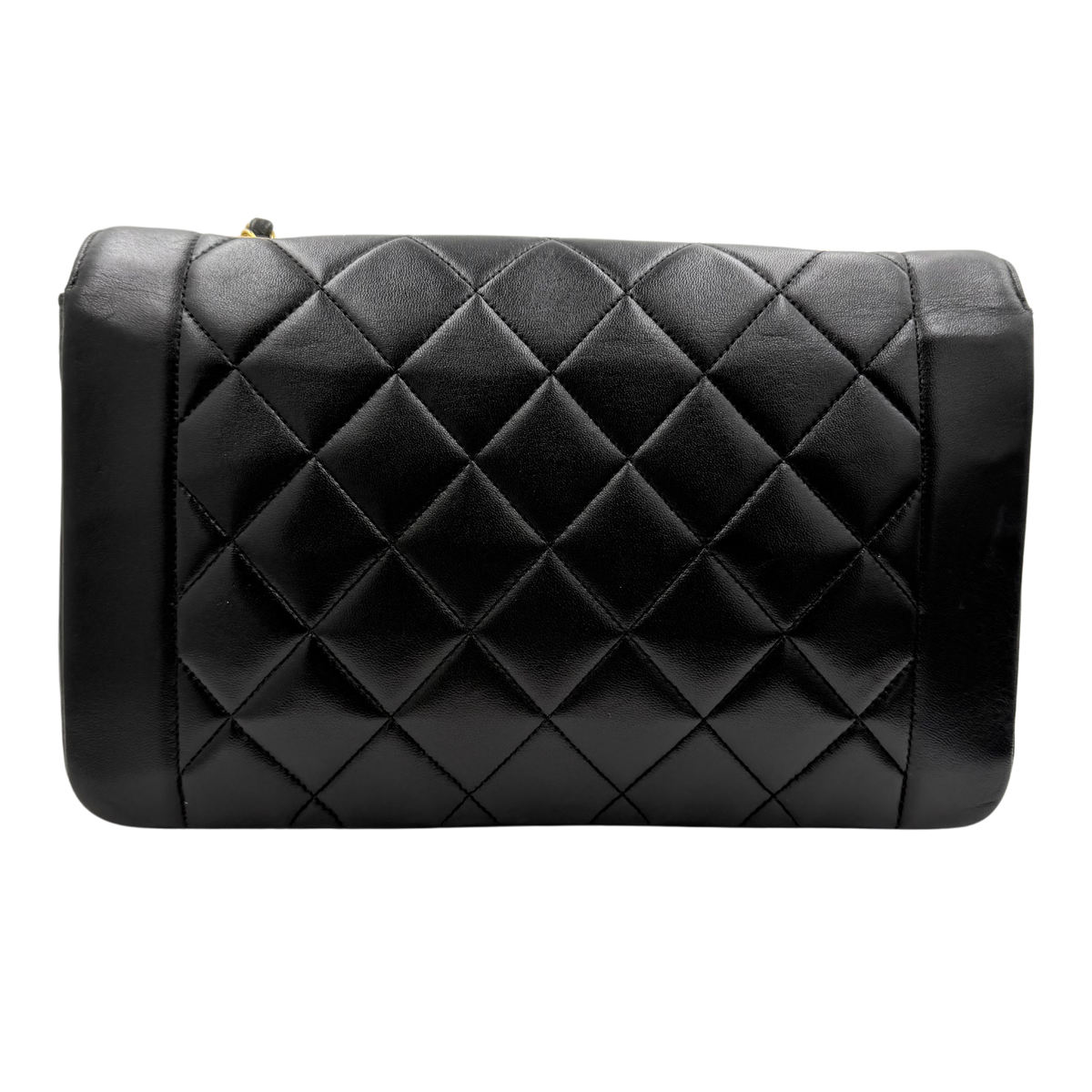 Chanel black Diana Medium flap bag, rear view with diamond quilting and smooth leather borders