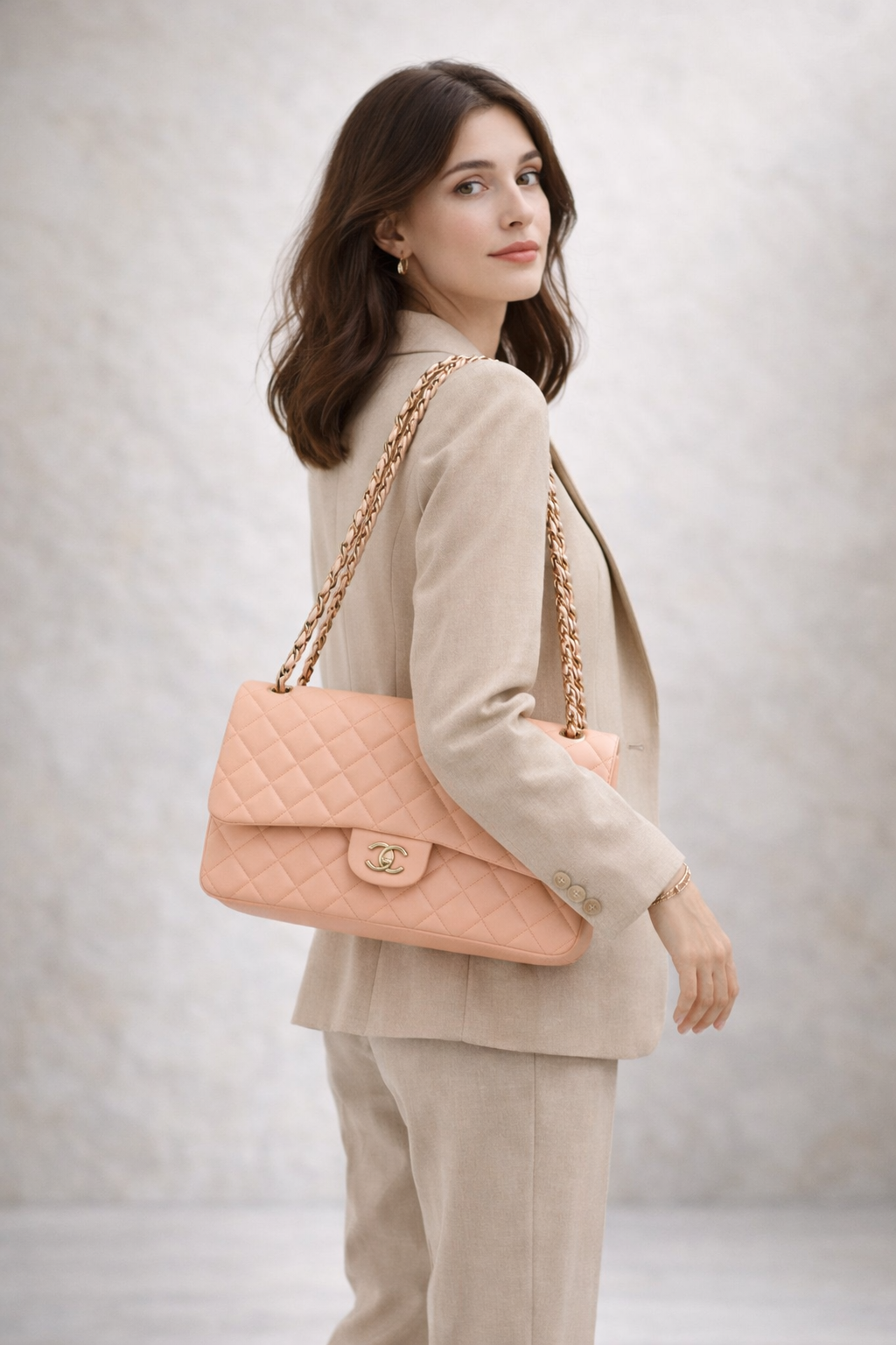 Chanel Caviar Quilted Jumbo Classic Double Flap Bag Beige with Peach Tones