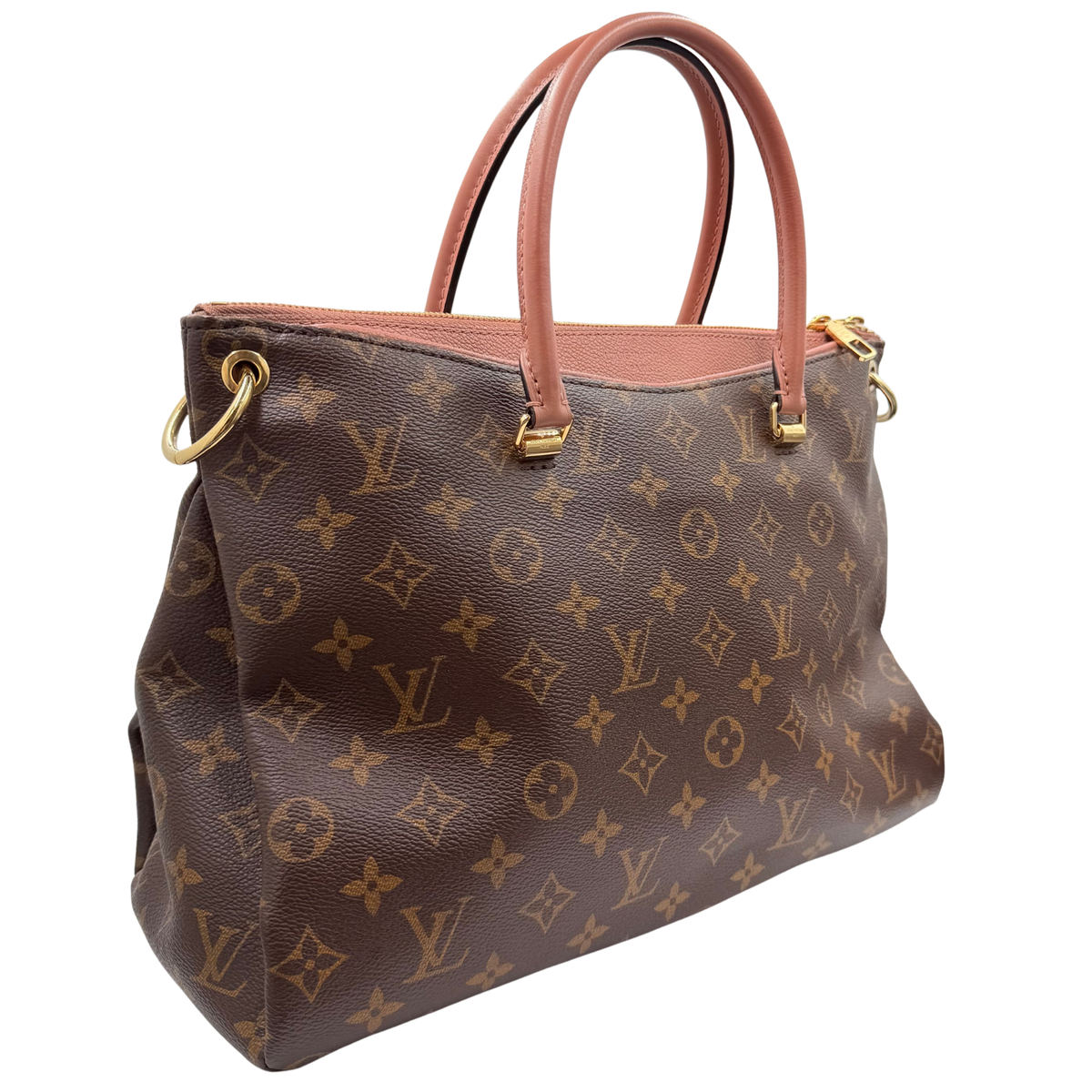 Louis Vuitton Pallas MM brown Monogram bag, front three-quarter view with pink-toned trim