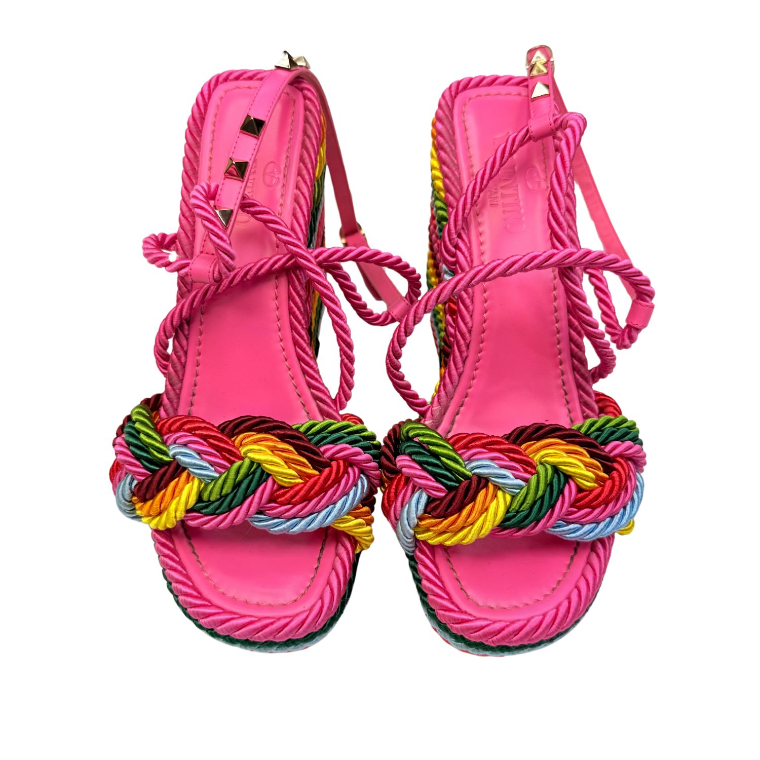 Valentino Rockstud Accents Satin Espadrille Wedges Rainbow