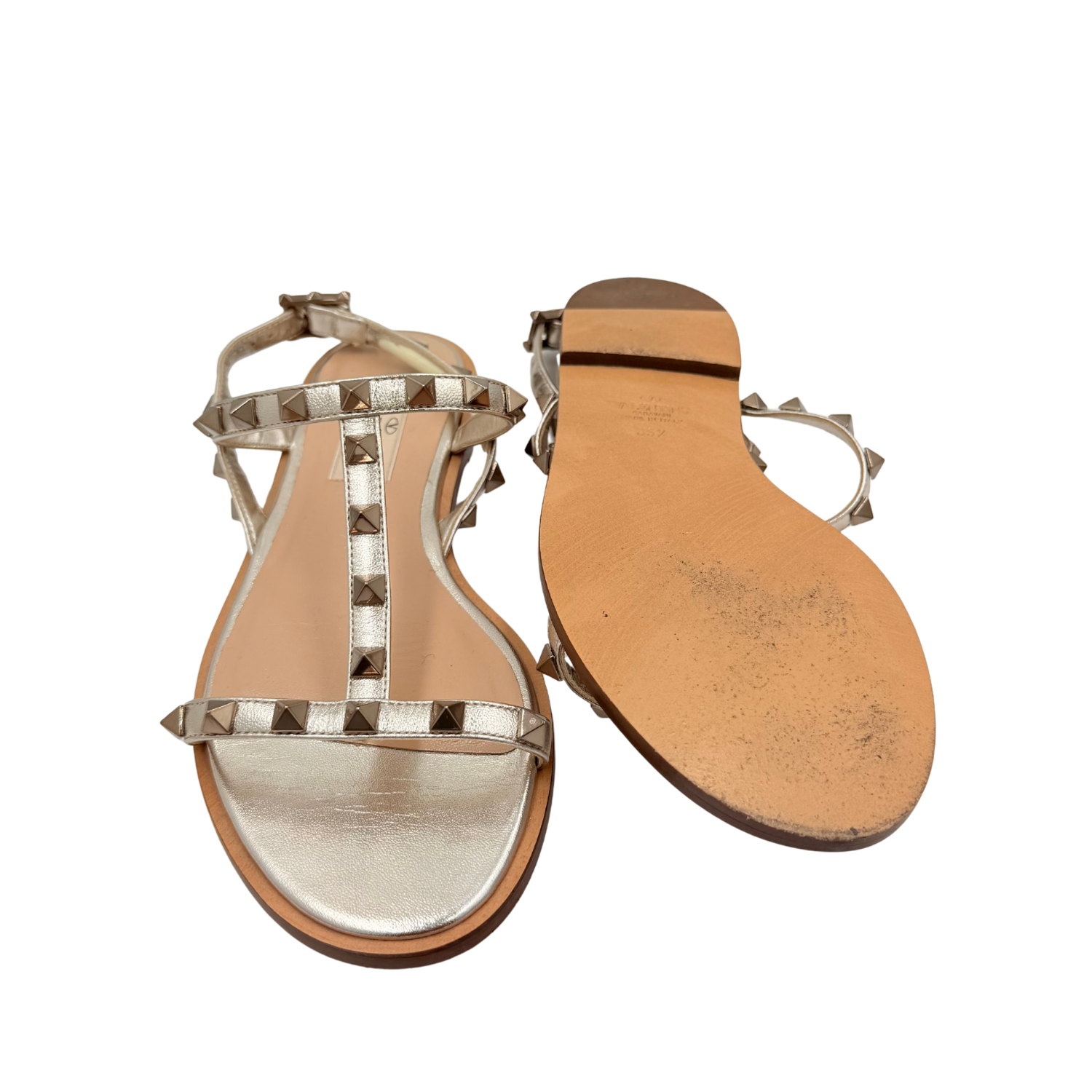 Valentino Garavani T-Strap Rockstud Sandal Gold Size 35.5