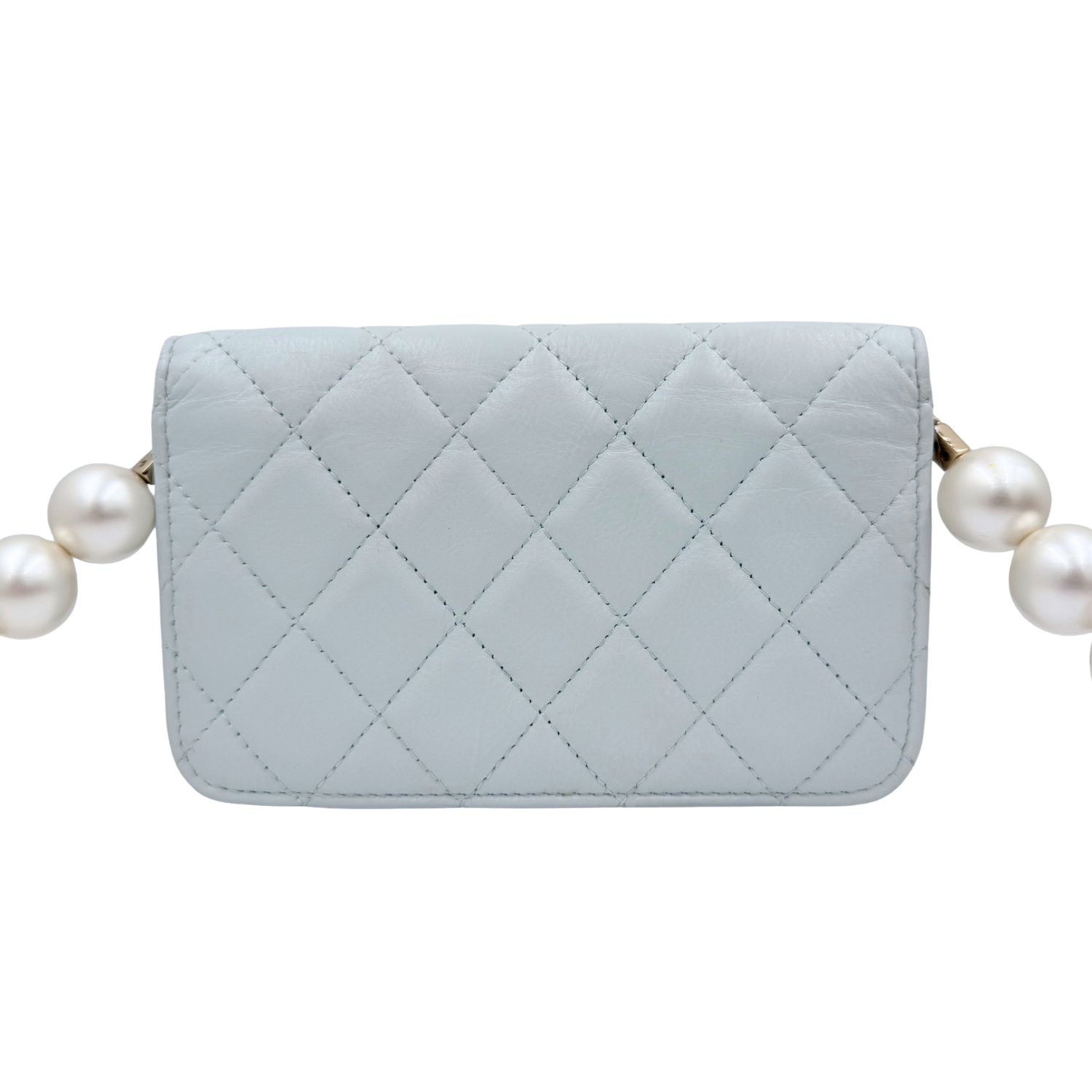 Chanel Quilted Lambskin Imitation Pearl Wallet on Chain Light Blue