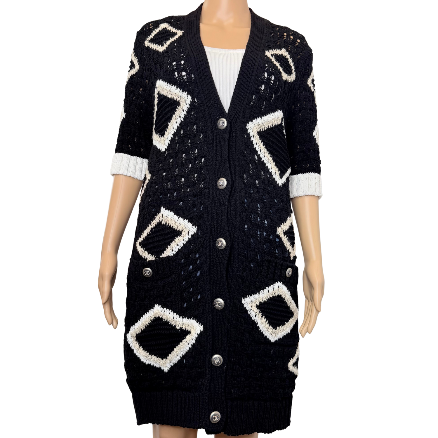Chanel Midi Knit Crochet Cardigan Black and Cream