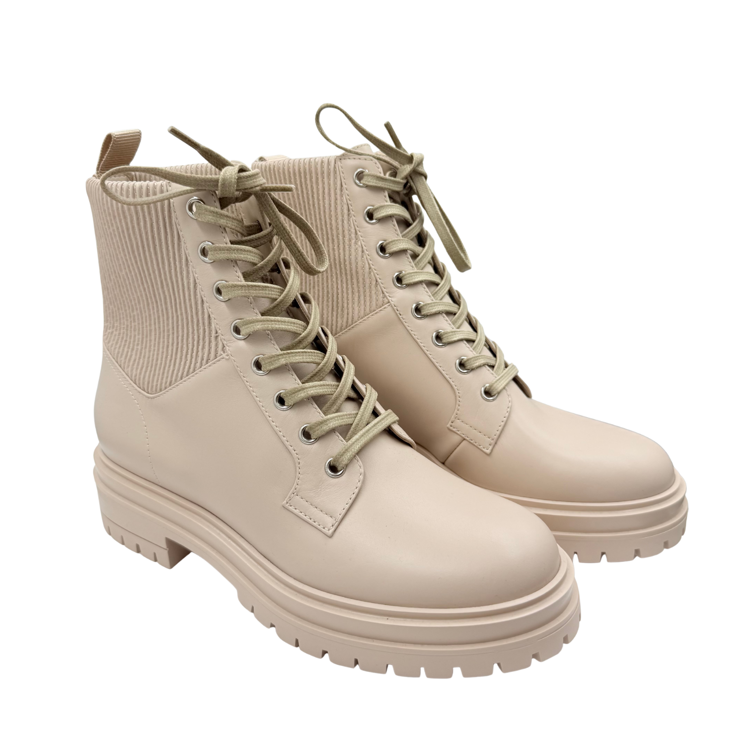 Gianvito Rossi Martis Rib-Knit Leather Combat Boots Beige