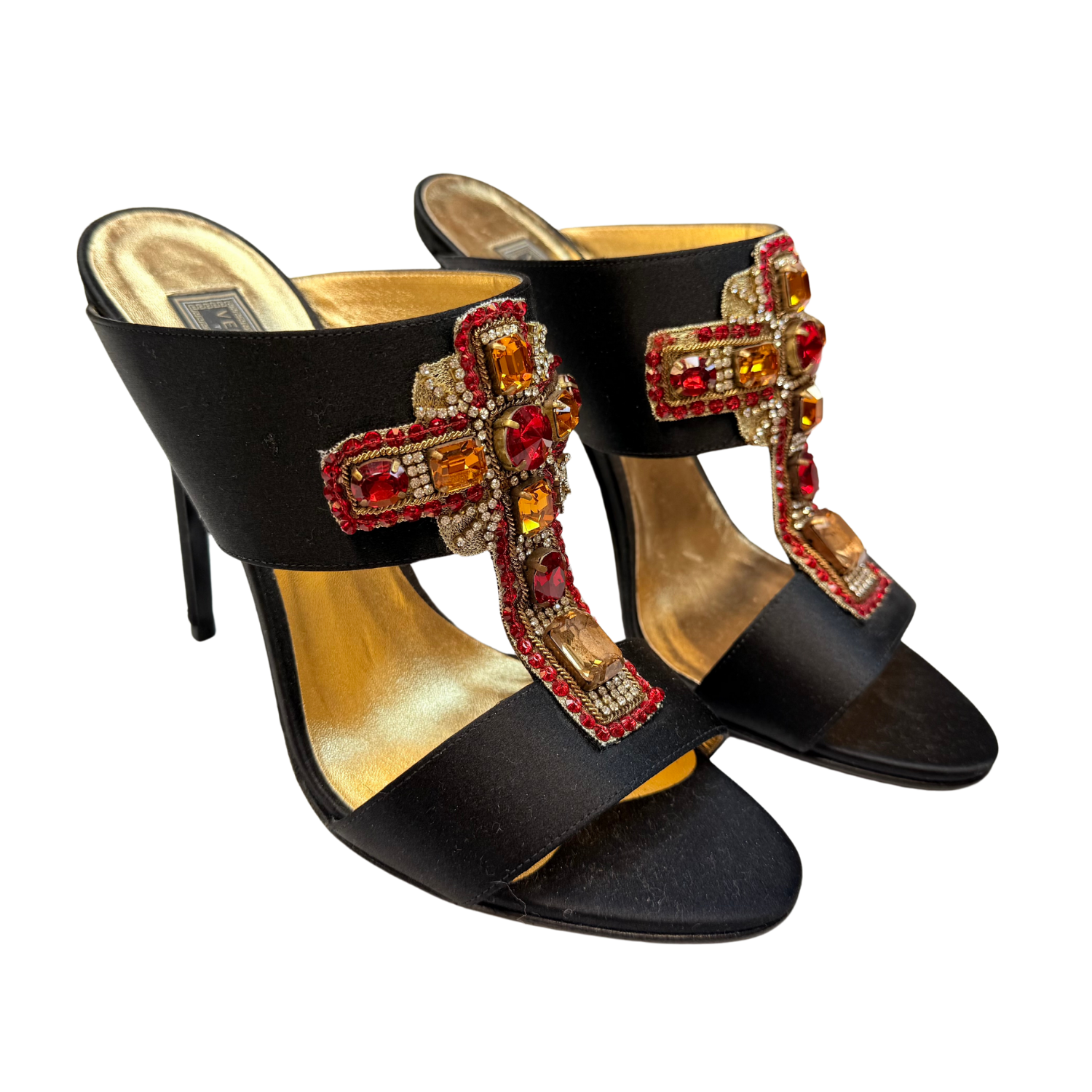 Versace Medusa Insignia Tribute Satin Heeled Sandals Black