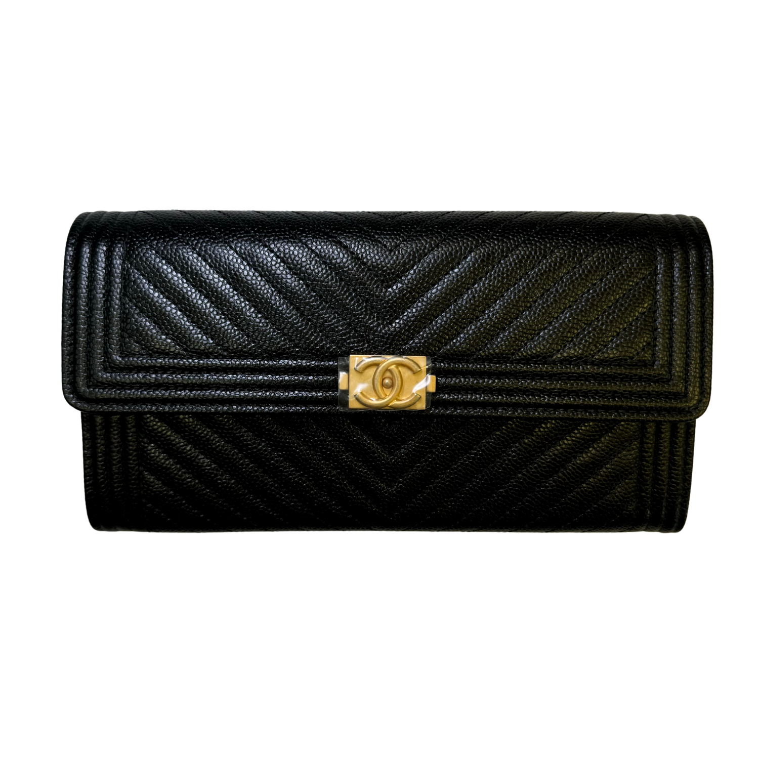 Chanel Chevron Caviar Quilted Leather Large Boy Gusset Flap Wallet Black