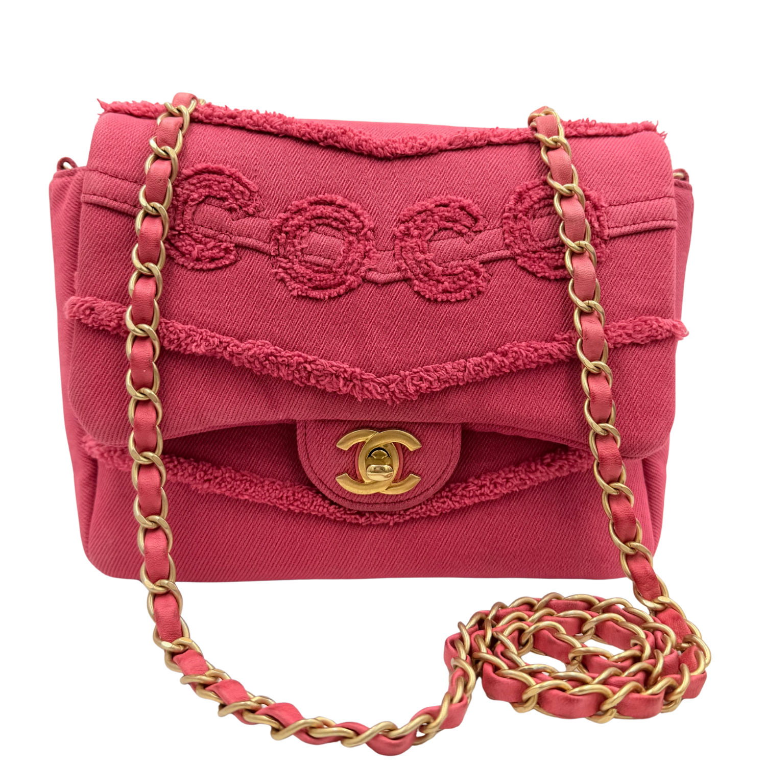 Chanel Small Coco Flap Bag Fringe Chevron Denim Pink