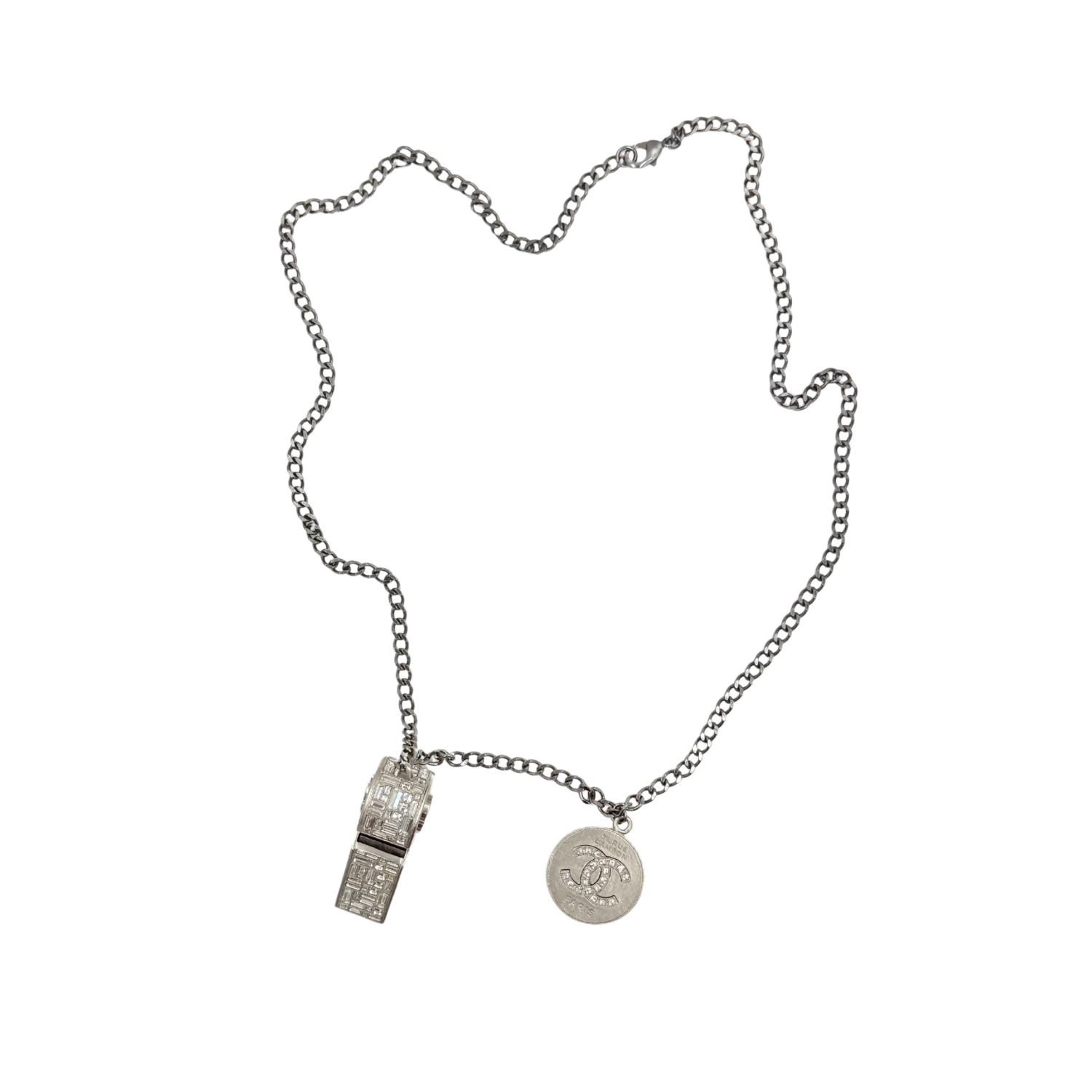 Chanel Strass CC Whistle Pendant Necklace Adjustable Silver