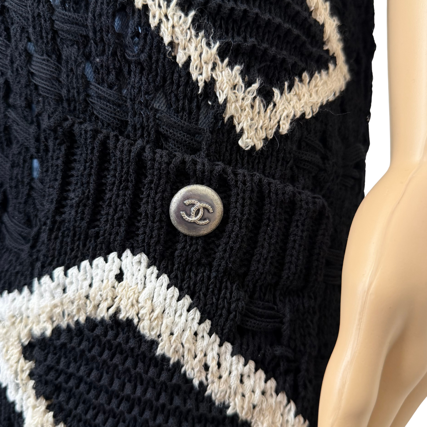 Chanel Midi Knit Crochet Cardigan Black and Cream