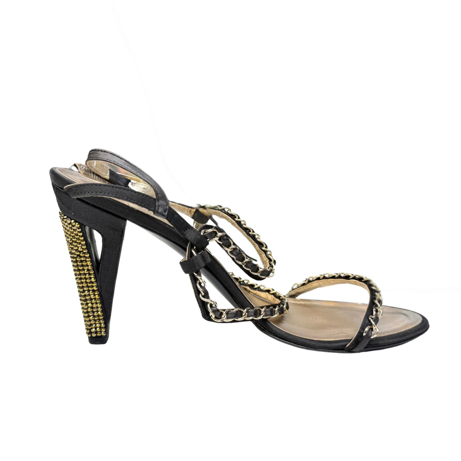 Chanel Chain Heeled Sandals Black & Gold