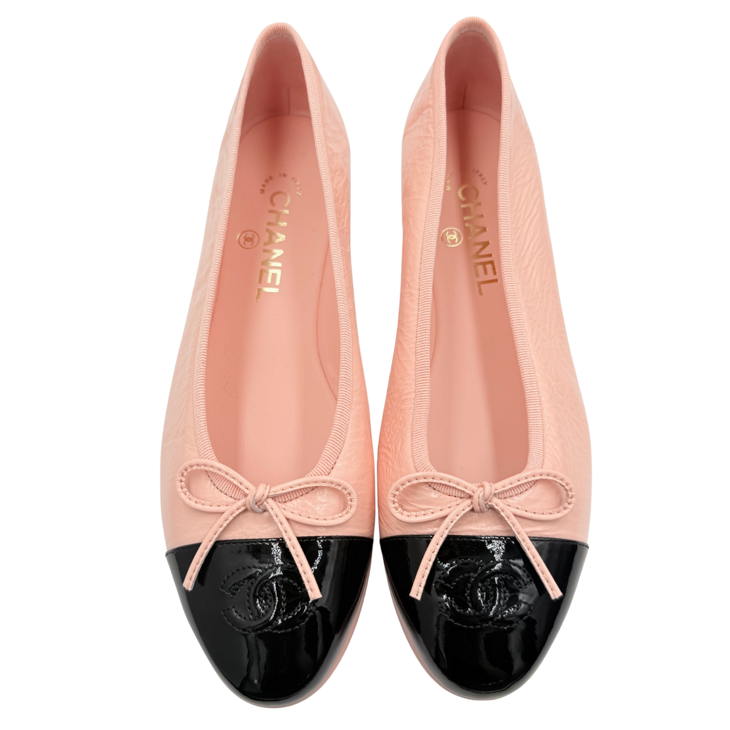 Chanel Bowtie Crumpled Calfskin Ballet Flats Pink