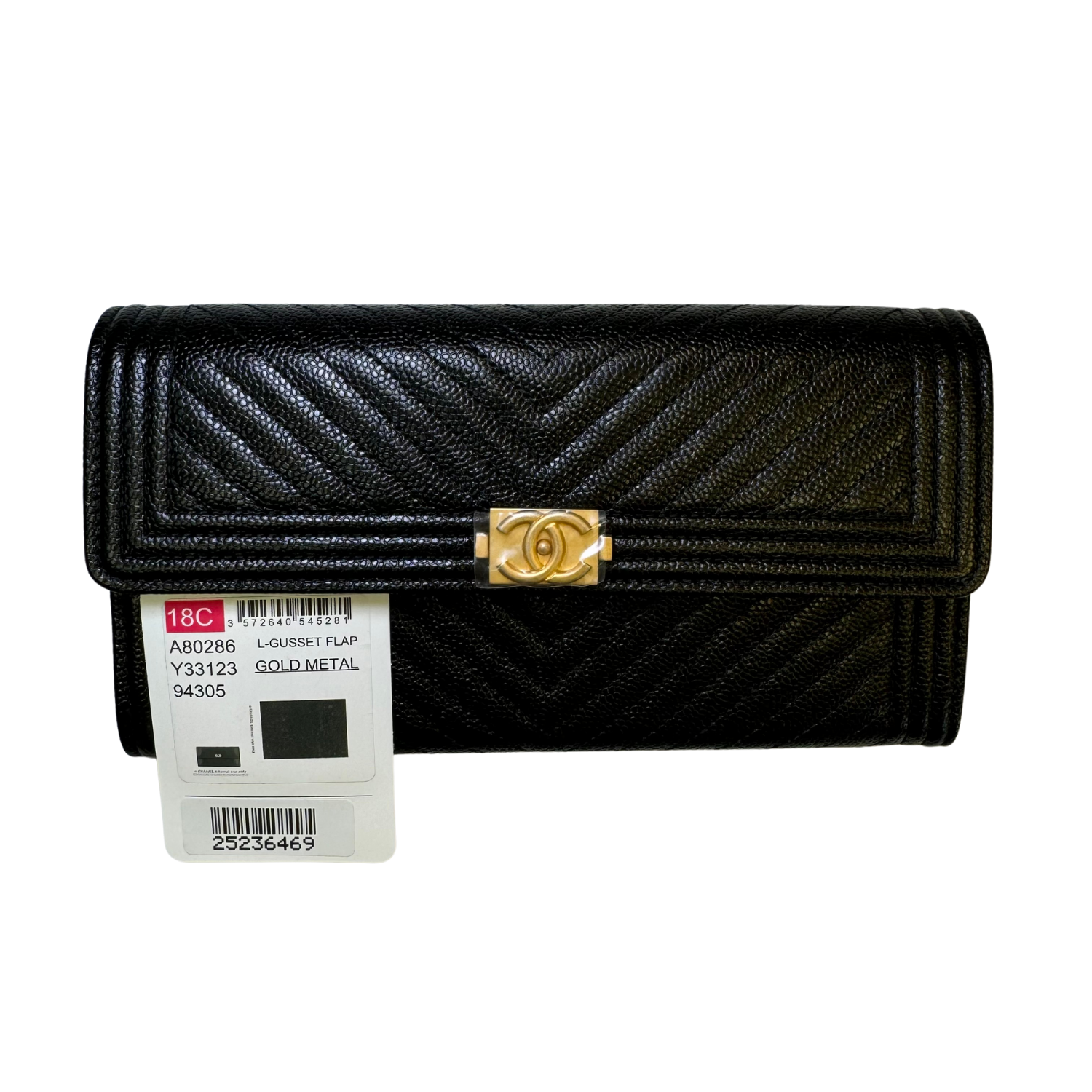 Chanel Chevron Caviar Quilted Leather Large Boy Gusset Flap Wallet Black