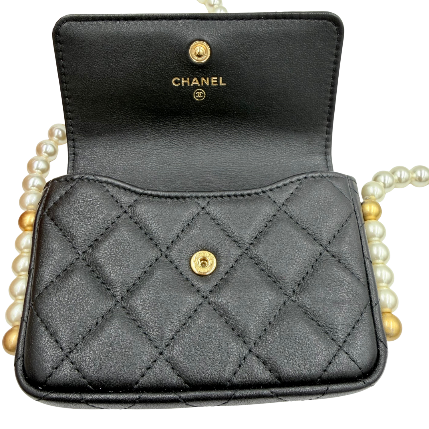 Chanel Mini Flap Card Holder with Imitation Pearl Strap Wallet on Chain Black