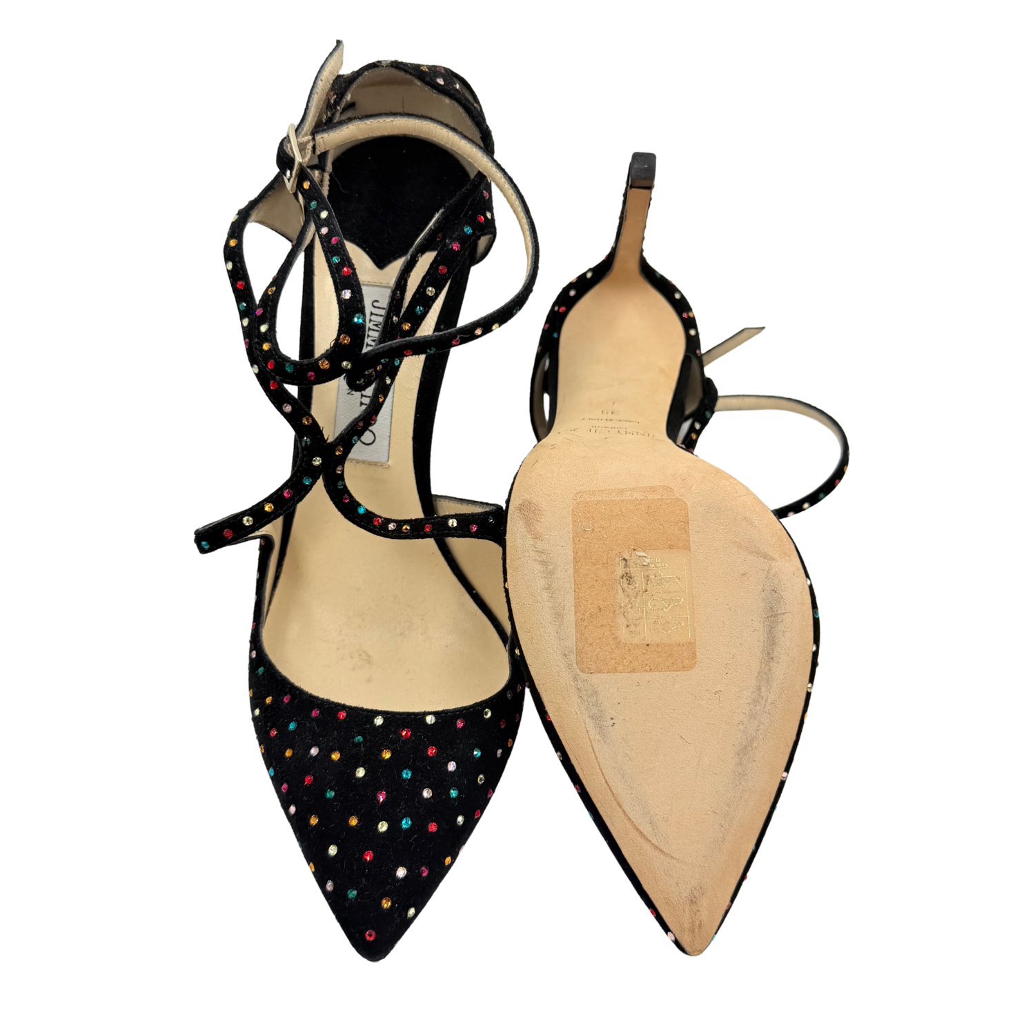 Jimmy Choo Suede Crystal Embellishments T-Strap Pumps Black