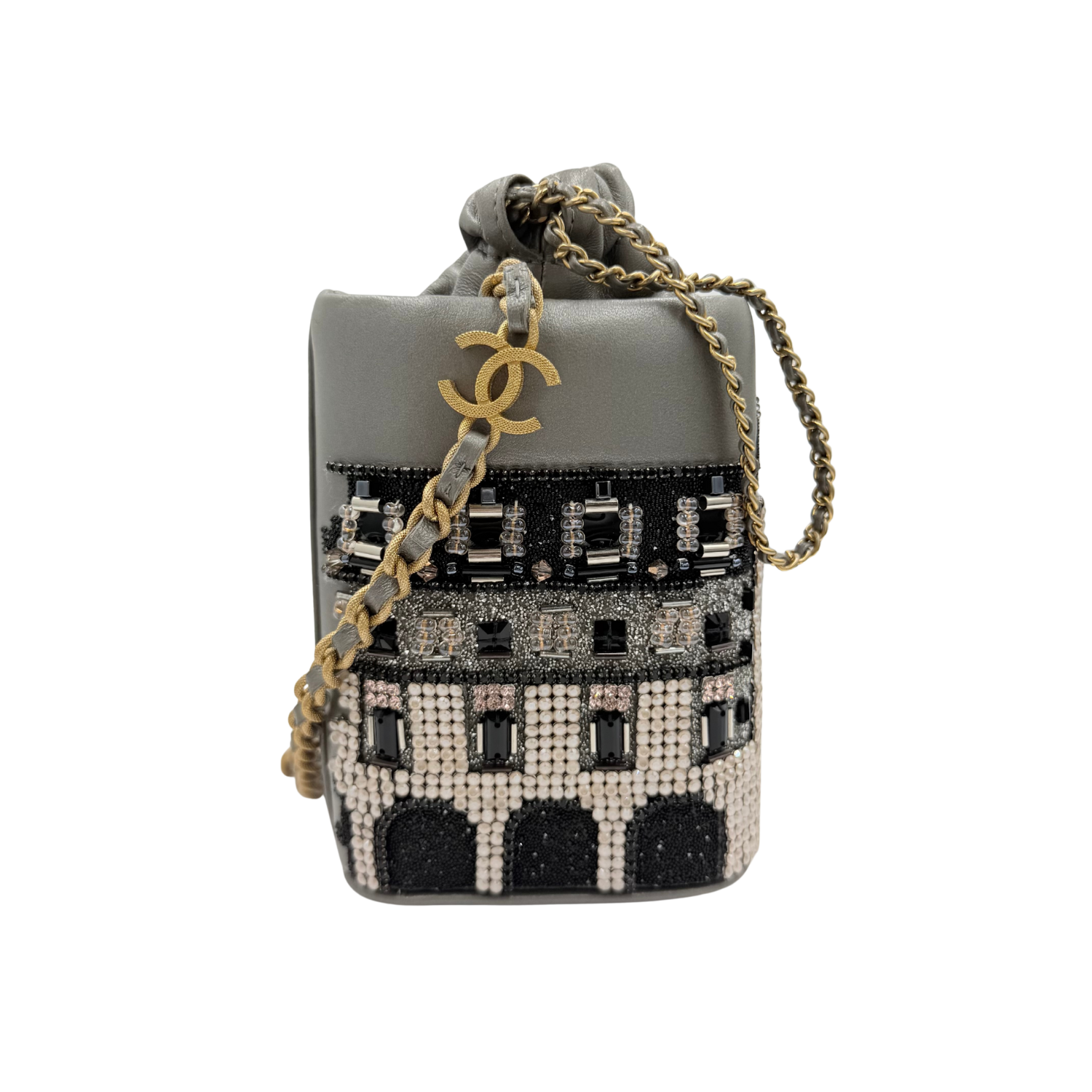 Chanel Limited Metallic Lambskin Crystal Metiers D'Art Chateau de Chenonceau Bucket Bag Grey