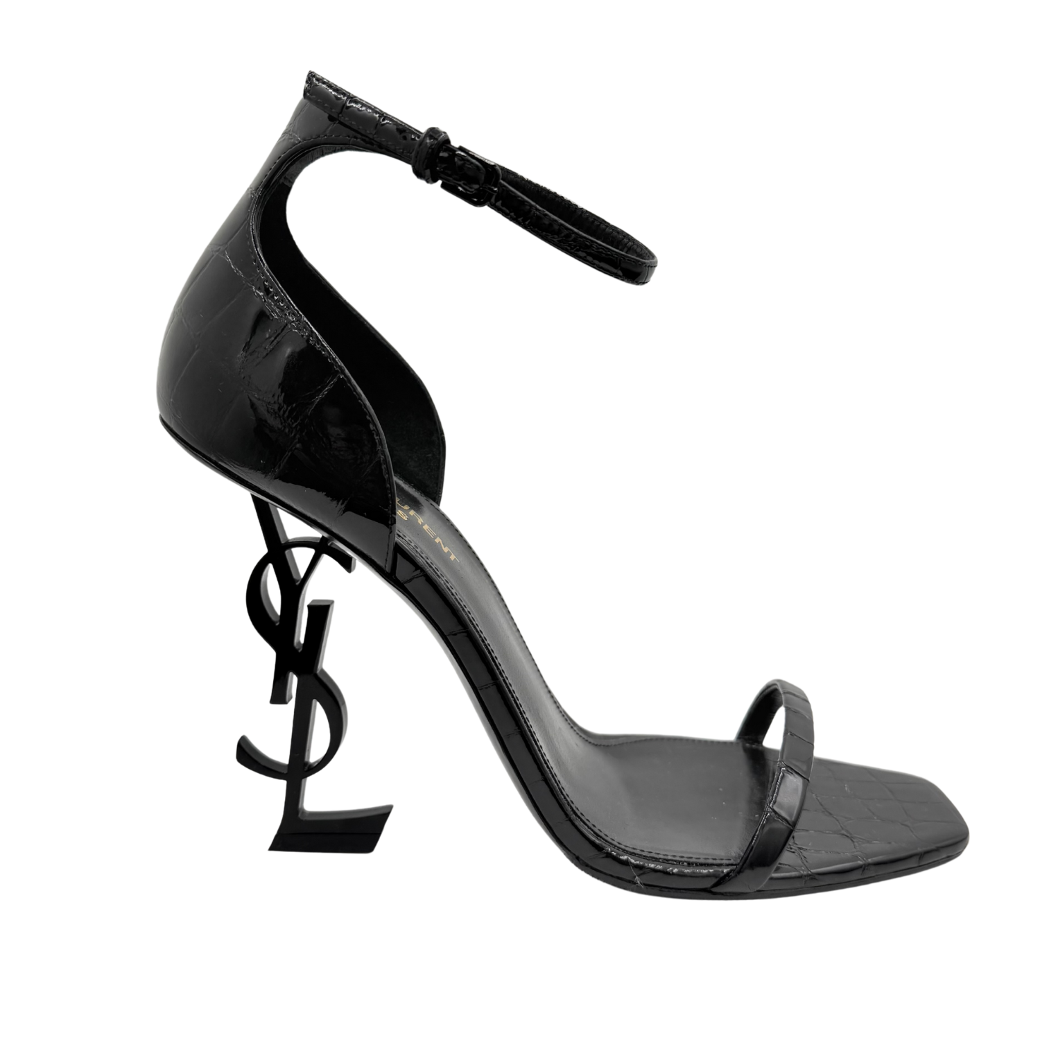 Yves Saint Laurent Opyum Heeled Sandals in Pressed Crocodile Black
