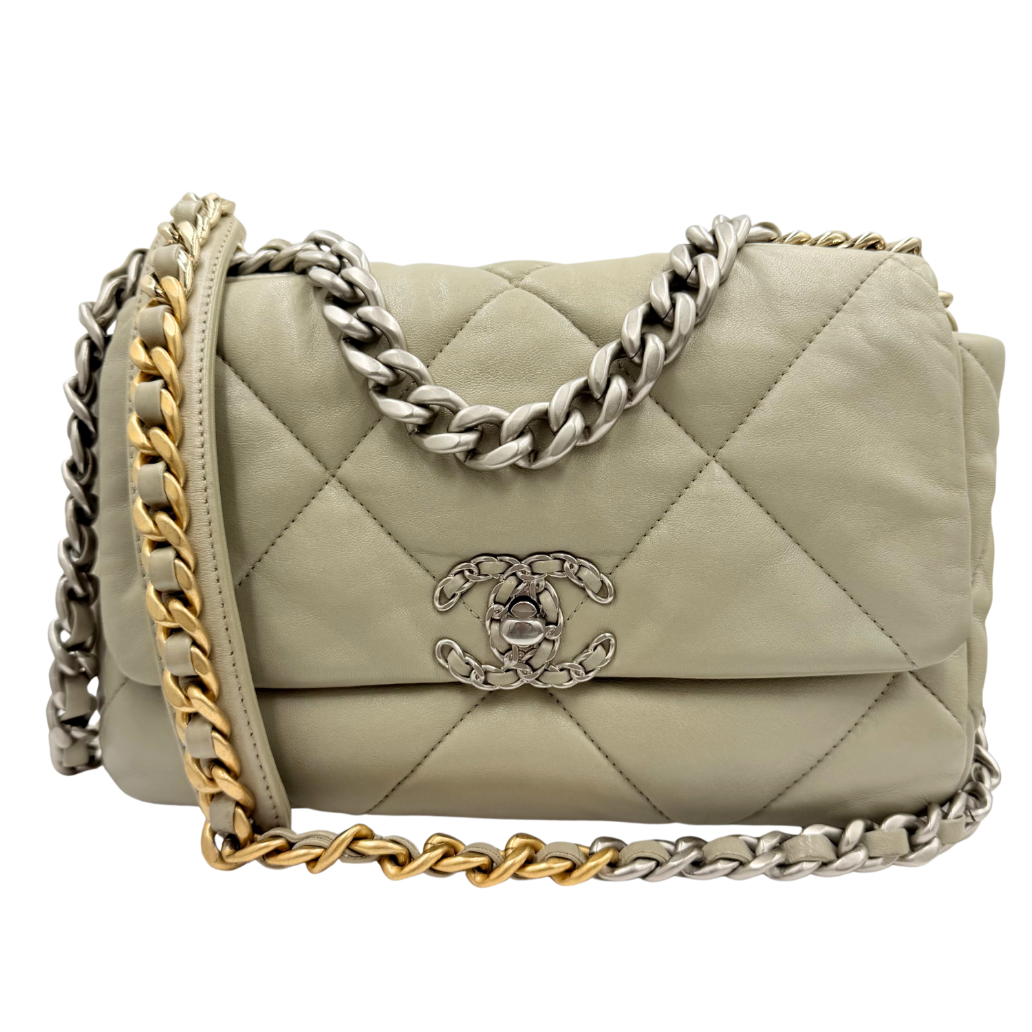 Chanel Small 19 Flap Quilted Lambskin Leather Light Gray/Sage