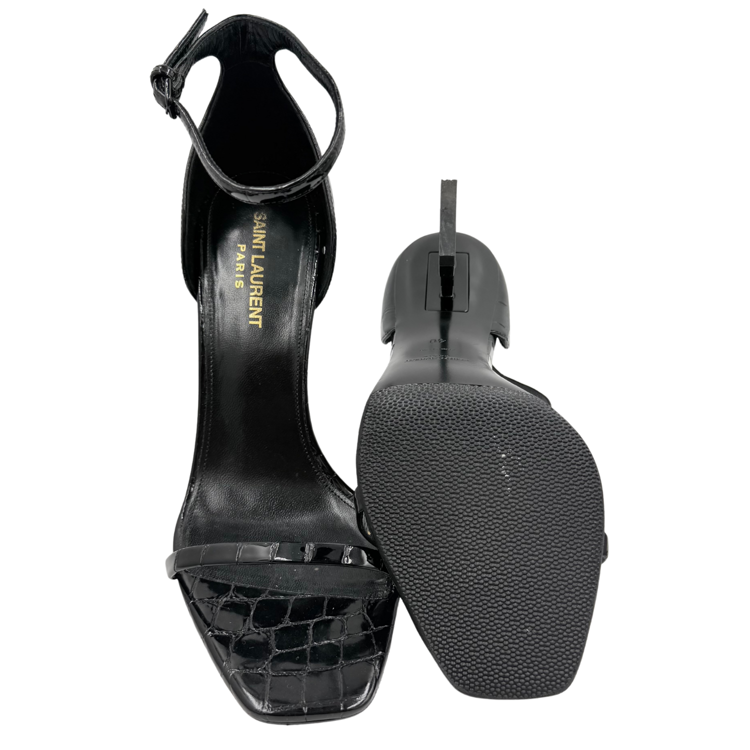 Yves Saint Laurent Opyum Heeled Sandals in Pressed Crocodile Black