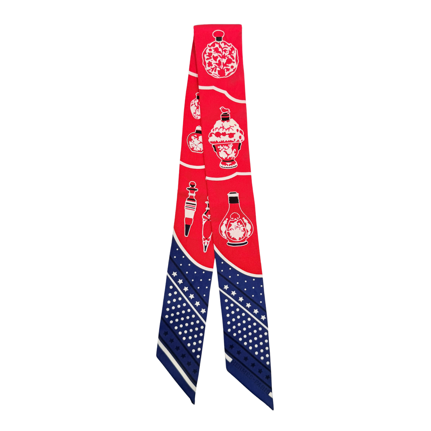 Red and Blue Les Flacons Bandana Silk Twilly scarf