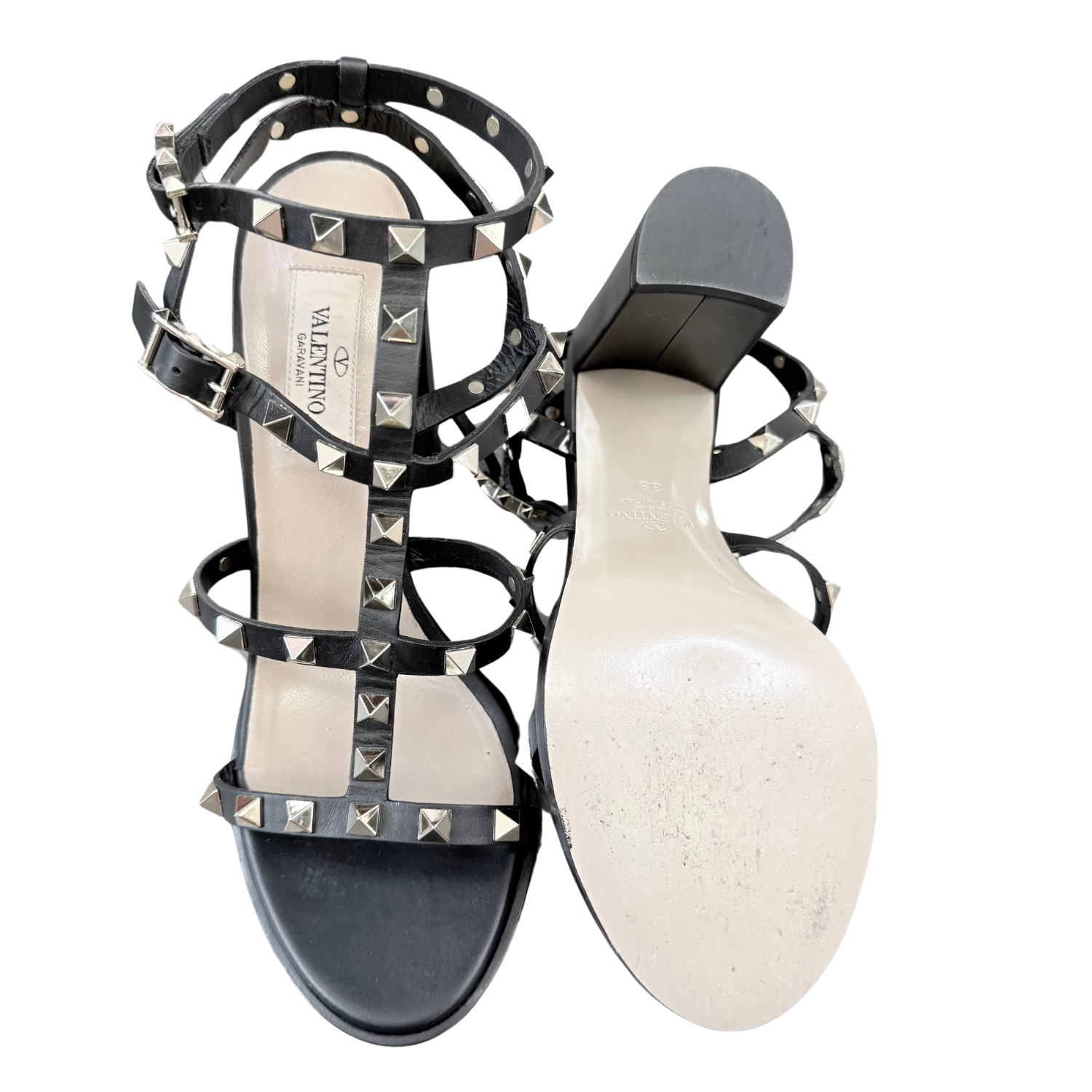 Valentino Rockstud Leather Gladiator Heeled Sandals Black