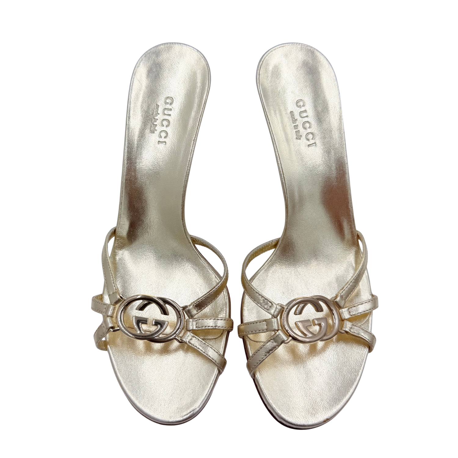 Gucci Interlocking G Logo Heeled Slides Gold