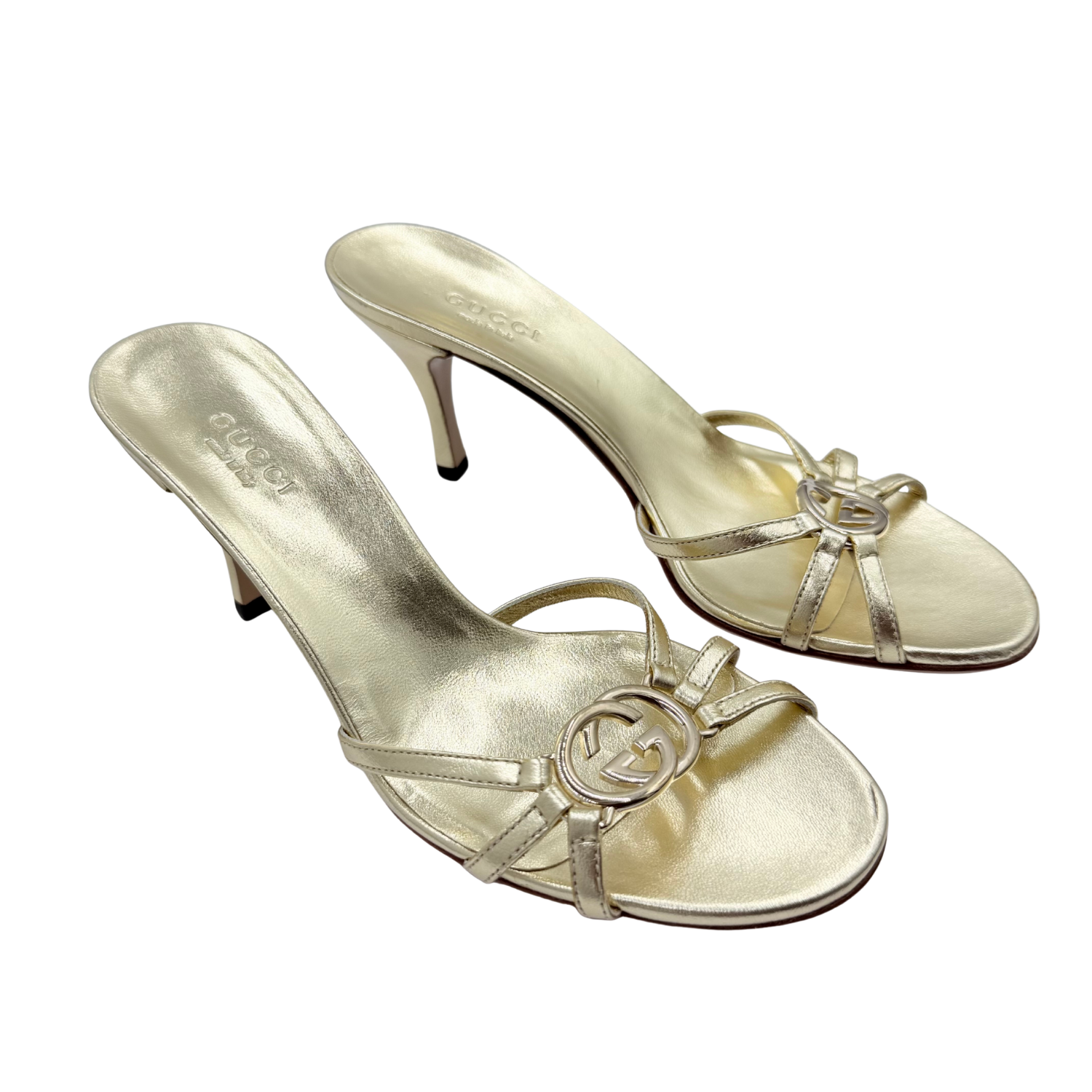Gucci Interlocking G Logo Heeled Slides Gold
