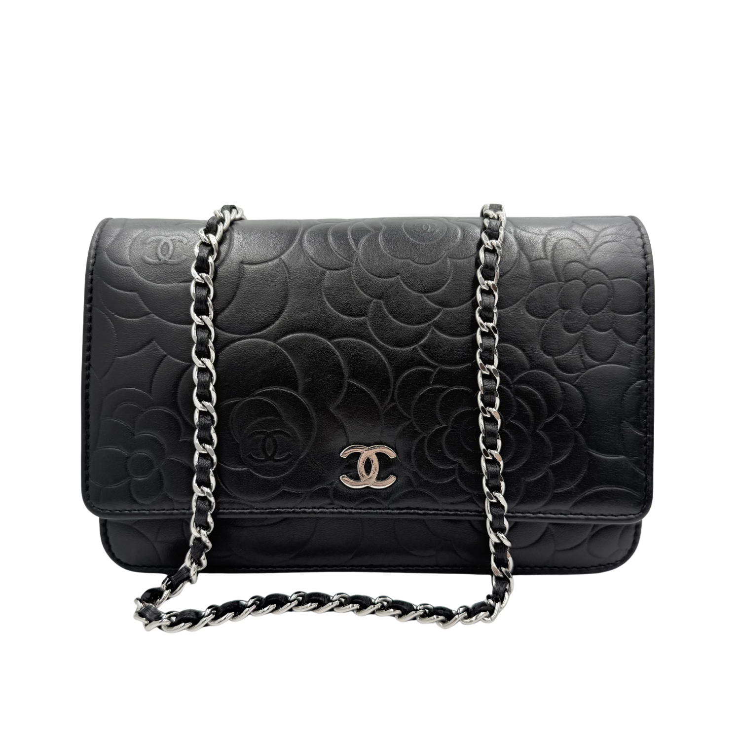 Chanel Camellia Embossed Wallet on Chain Black