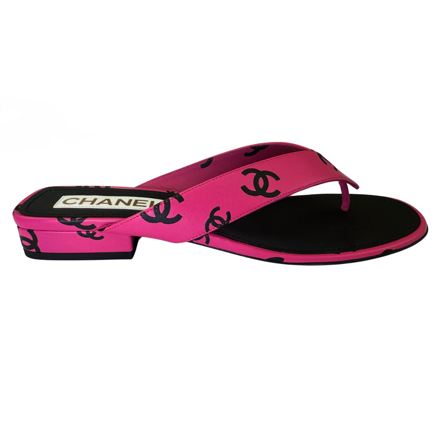 Chanel Printed Lambskin Thong Sandals Pink & Black