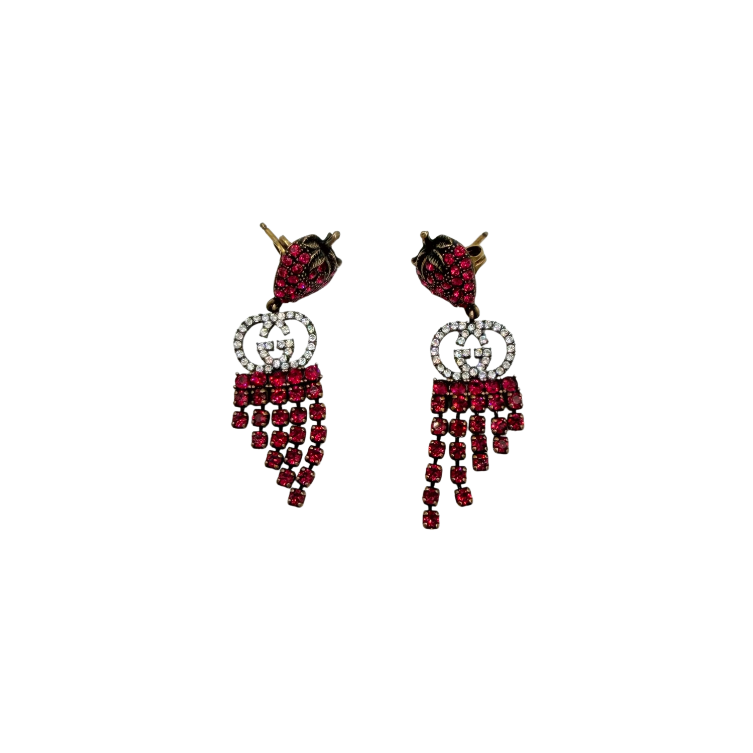 Gucci Metal Crystal Interlocking G Strawberry Drop Earrings Red