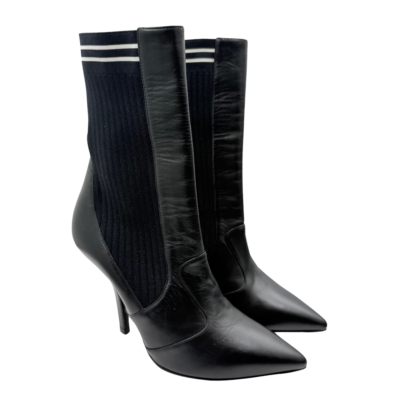 Fendi Vitello Lucido Stretch Fabric Striped Rockoko 105mm Sock Boots Black