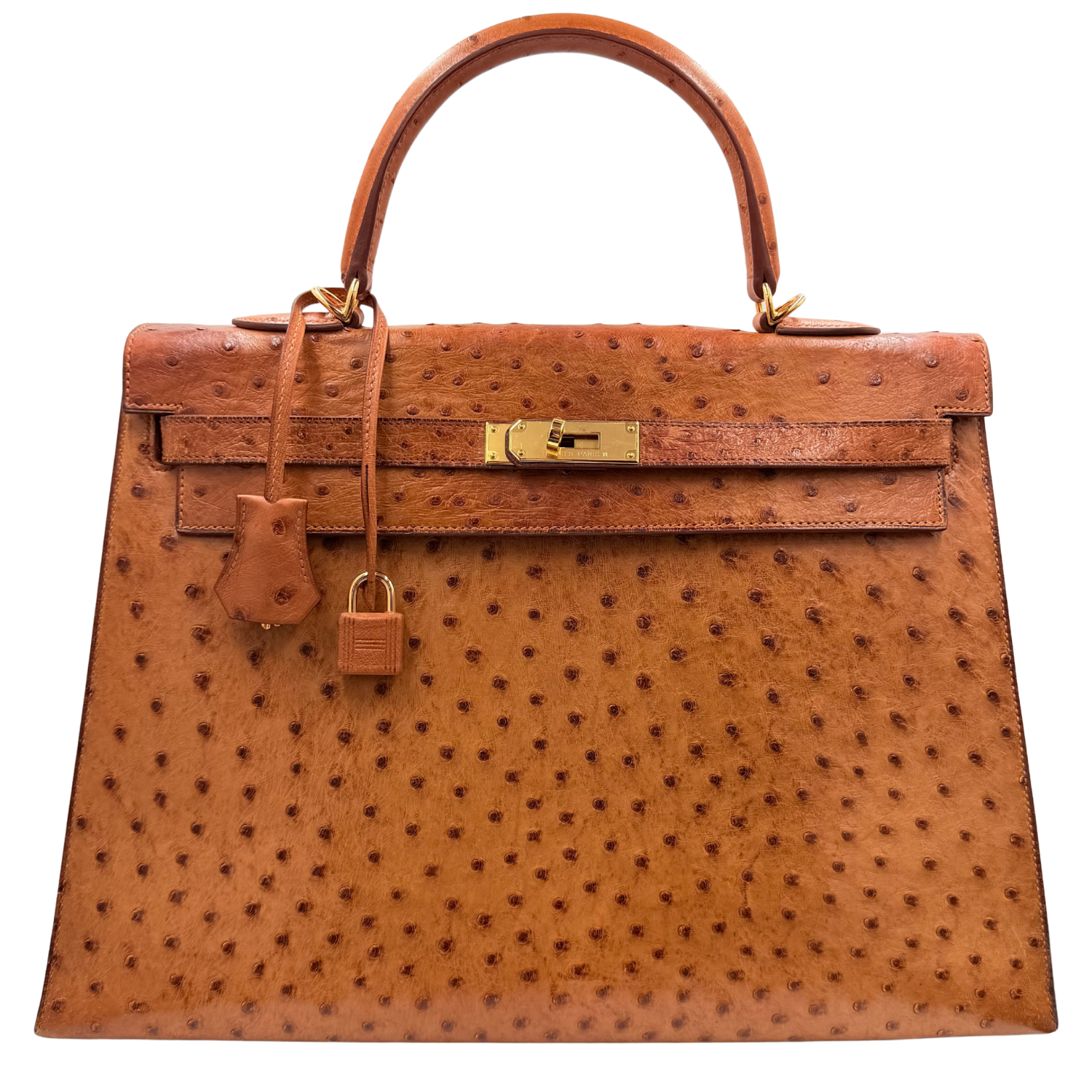 Hermès Vintage Kelly 35 Cognac Ostrich Sellier with Gold Hardware