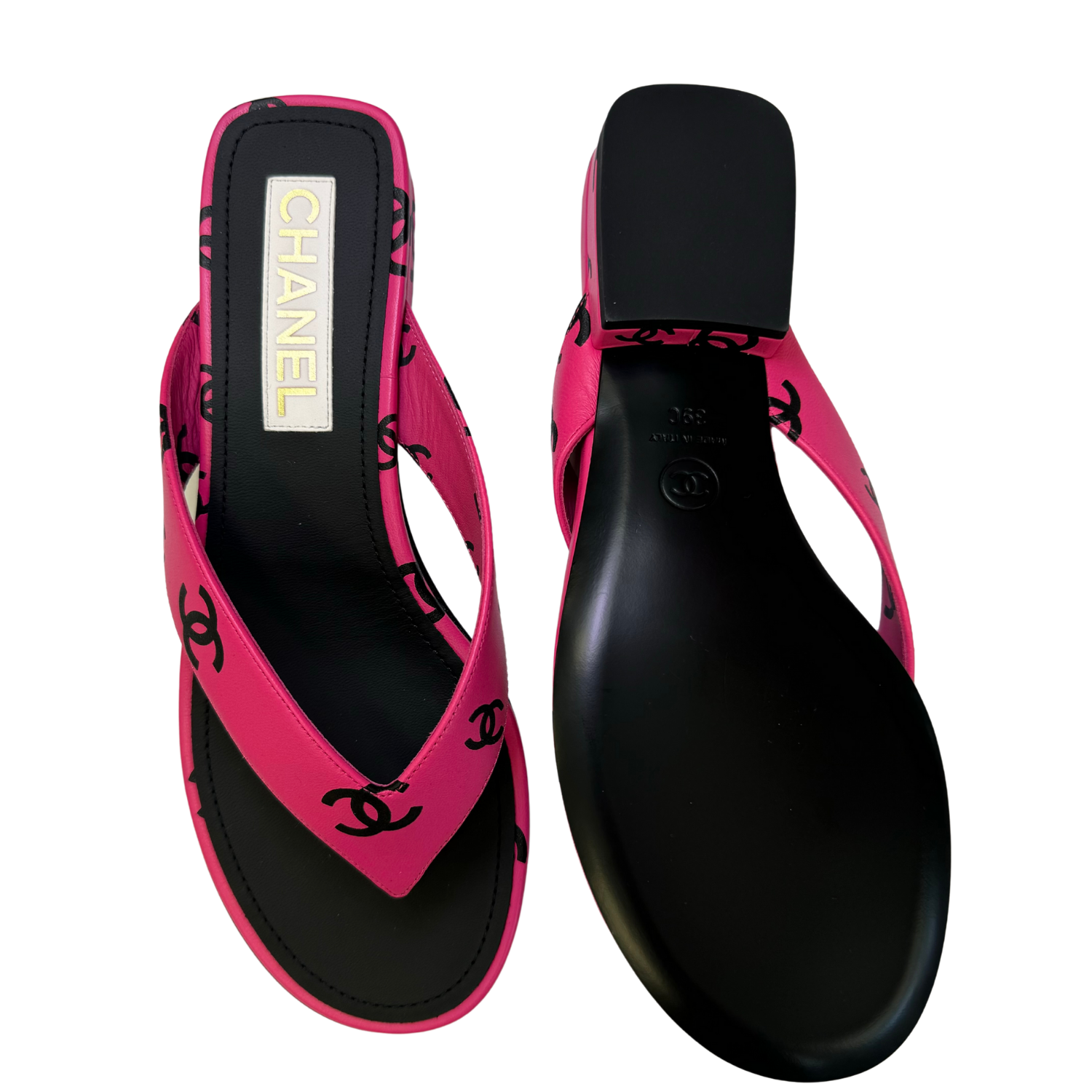 Chanel Printed Lambskin Thong Sandals Pink & Black