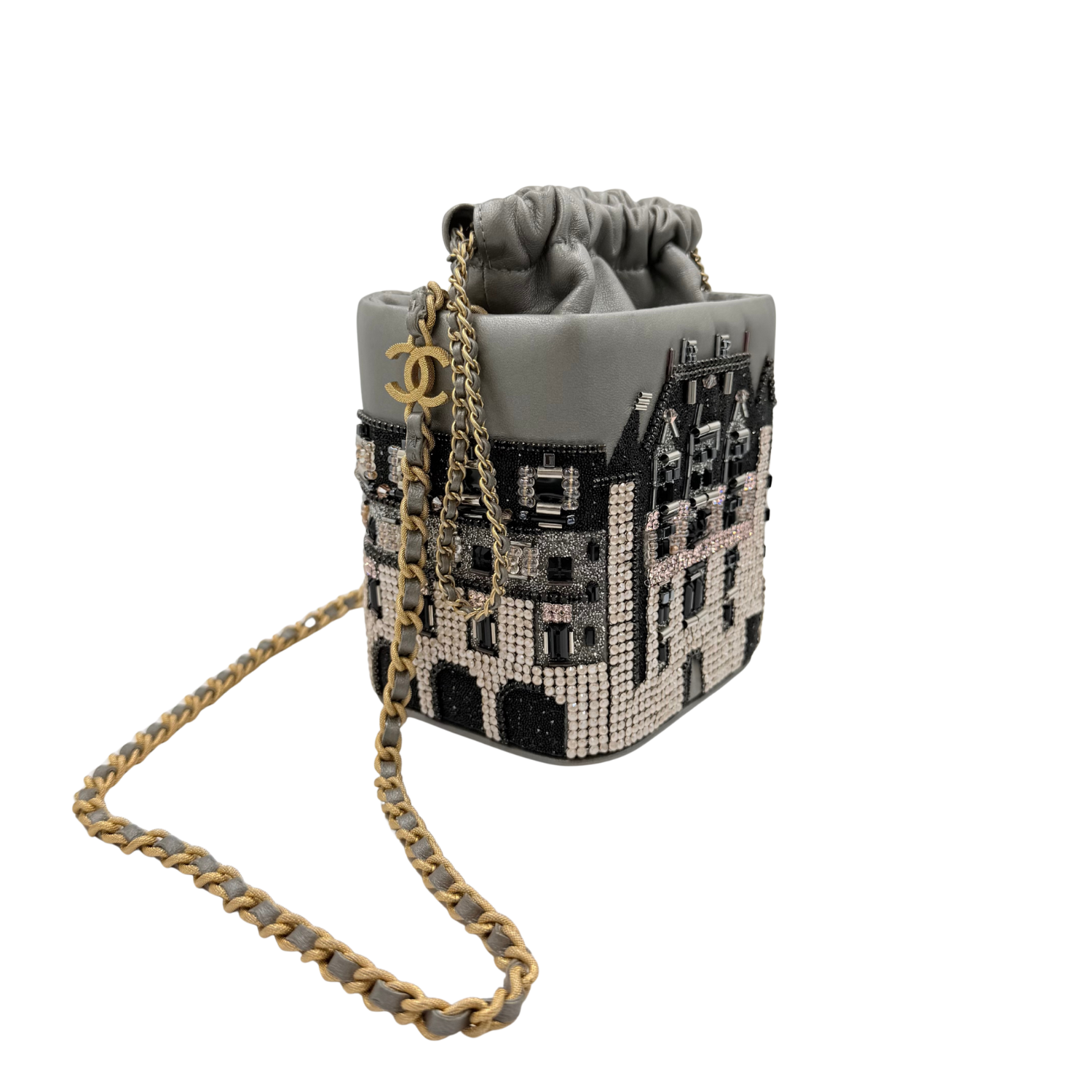 Chanel Limited Metallic Lambskin Crystal Metiers D'Art Chateau de Chenonceau Bucket Bag Grey