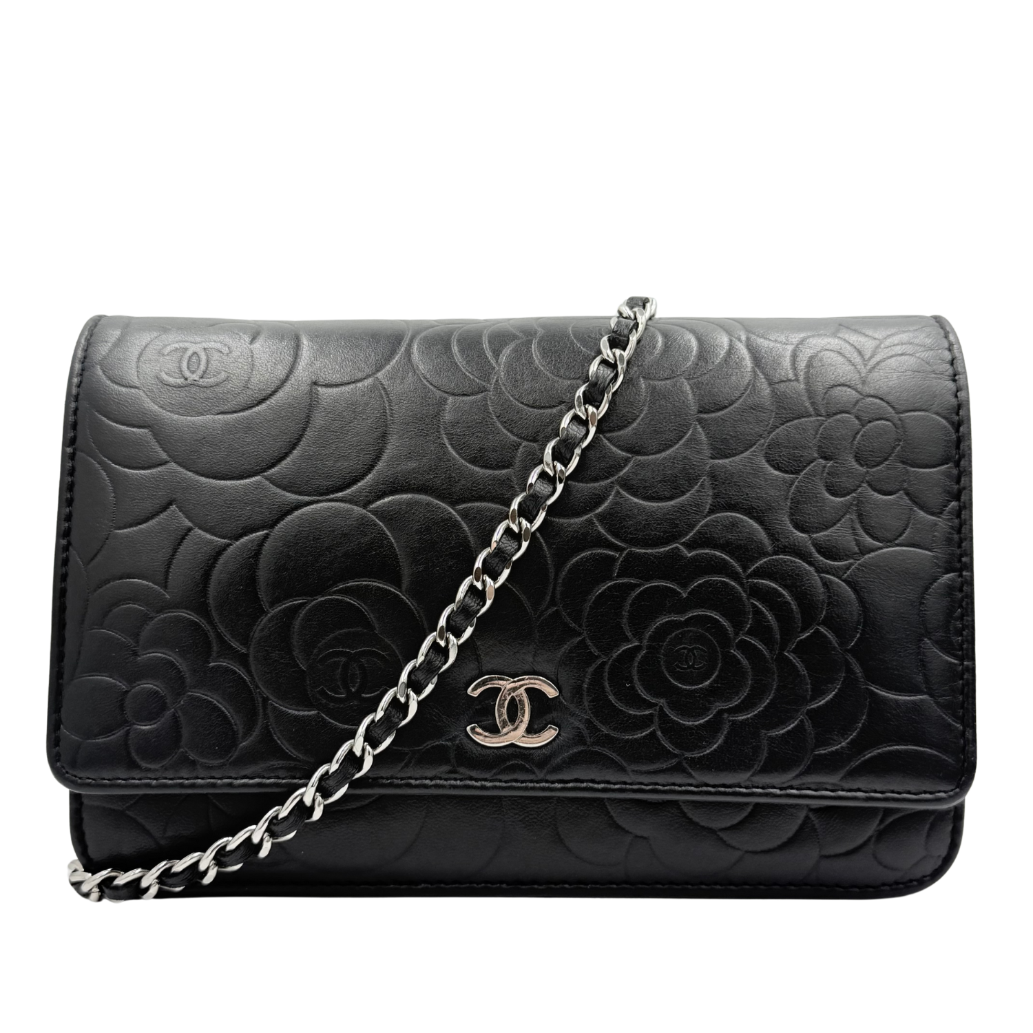 Chanel Camellia Embossed Wallet on Chain Black