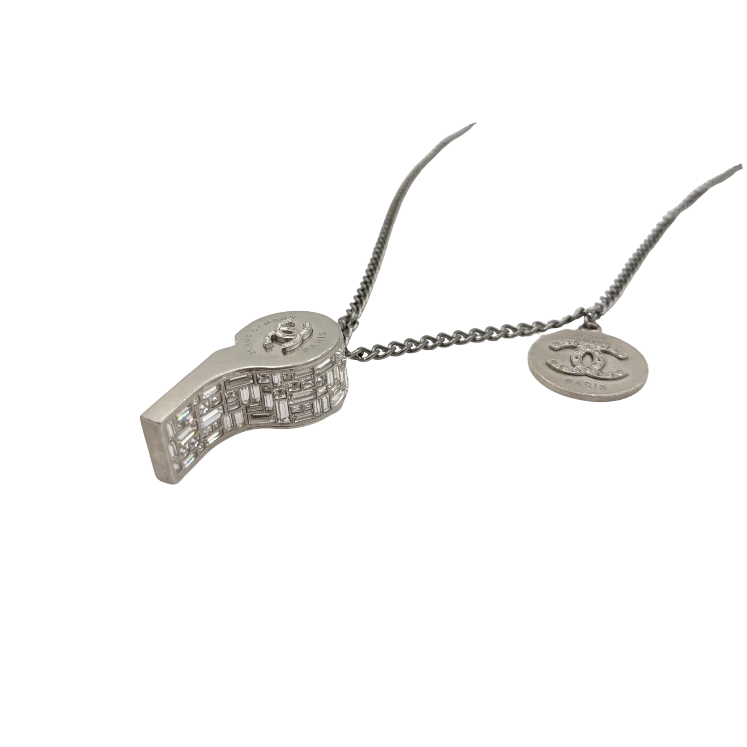 Chanel Strass CC Whistle Pendant Necklace Adjustable Silver
