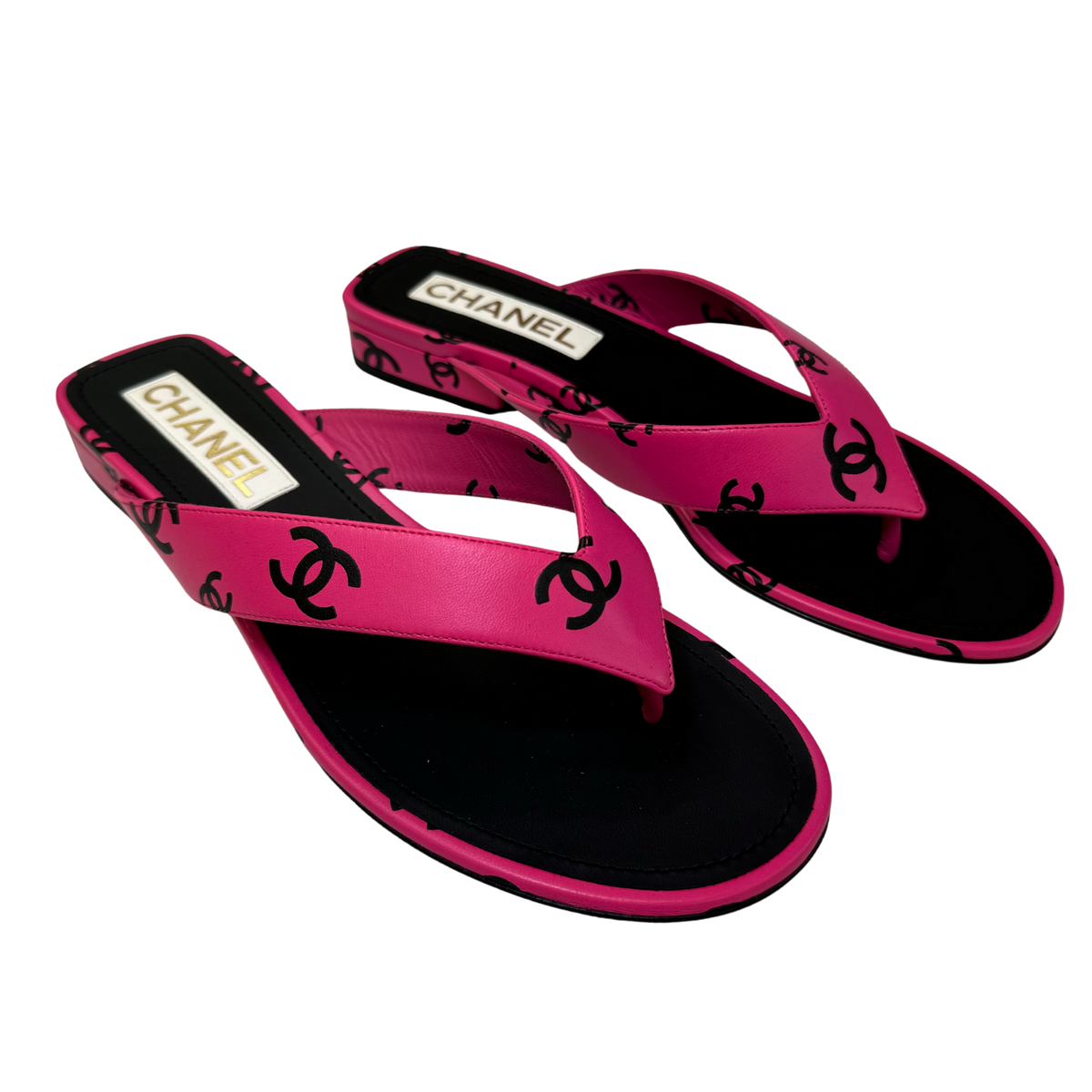 Chanel Printed Lambskin Thong Sandals Pink & Black