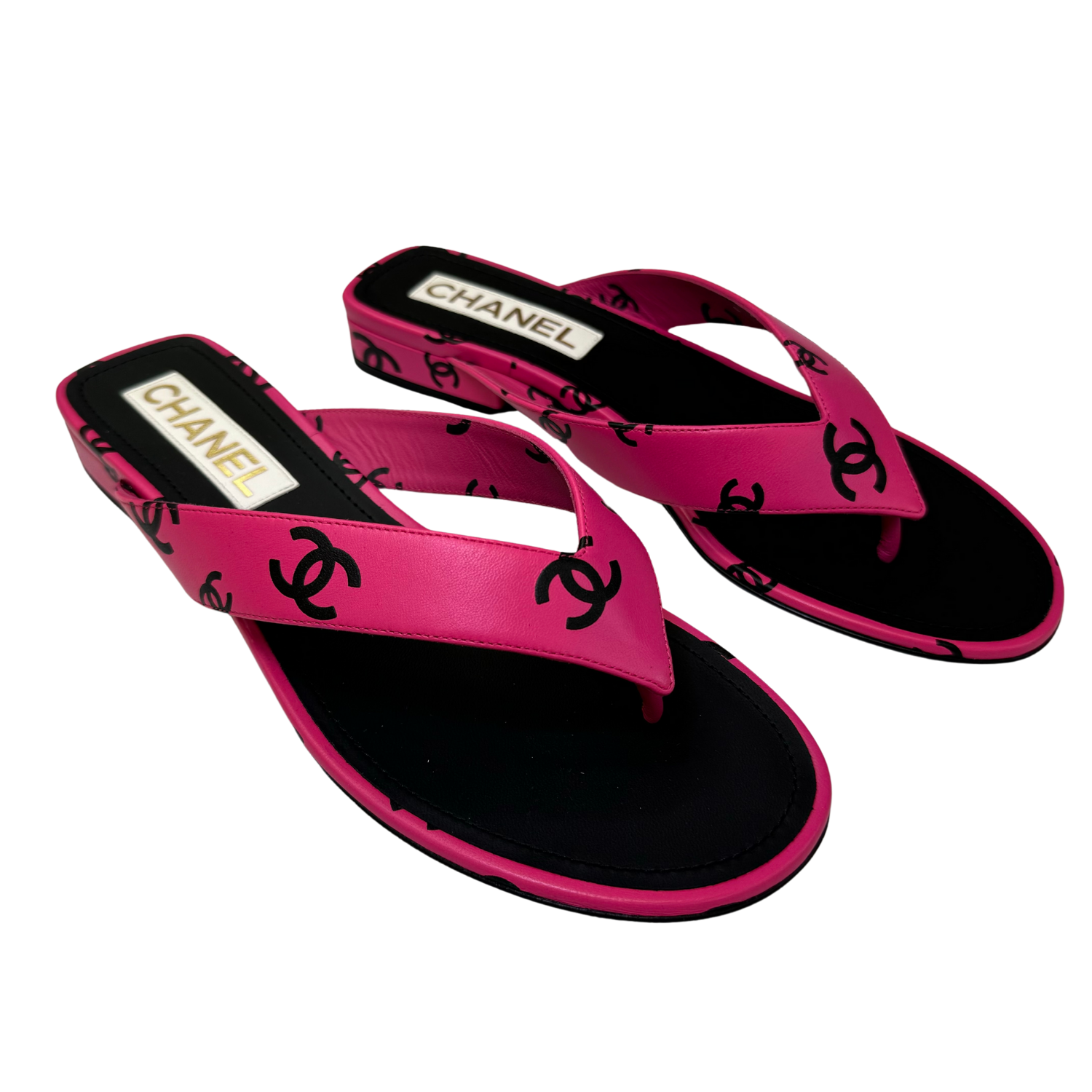 Chanel Printed Lambskin Thong Sandals Pink & Black