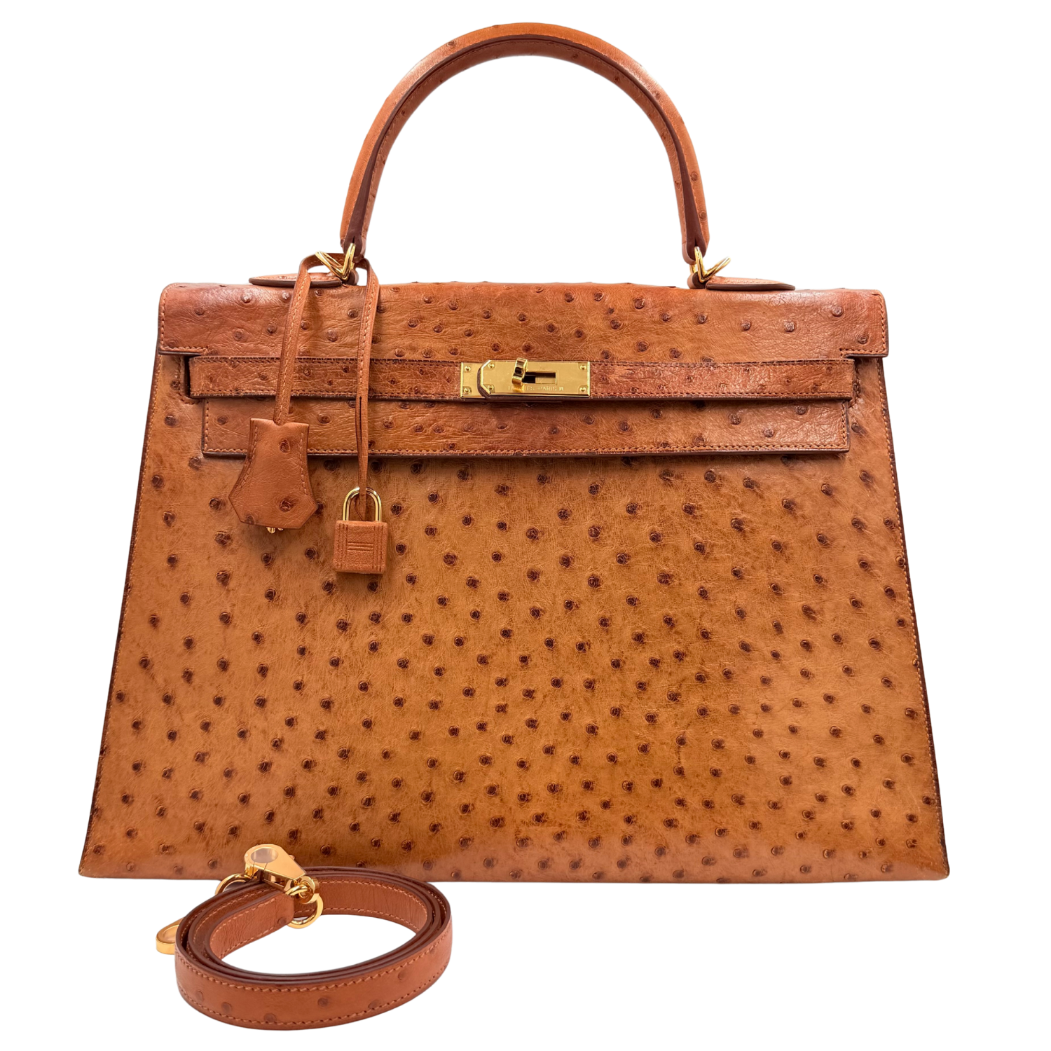 Hermès Vintage Kelly 35 Cognac Ostrich Sellier with Gold Hardware