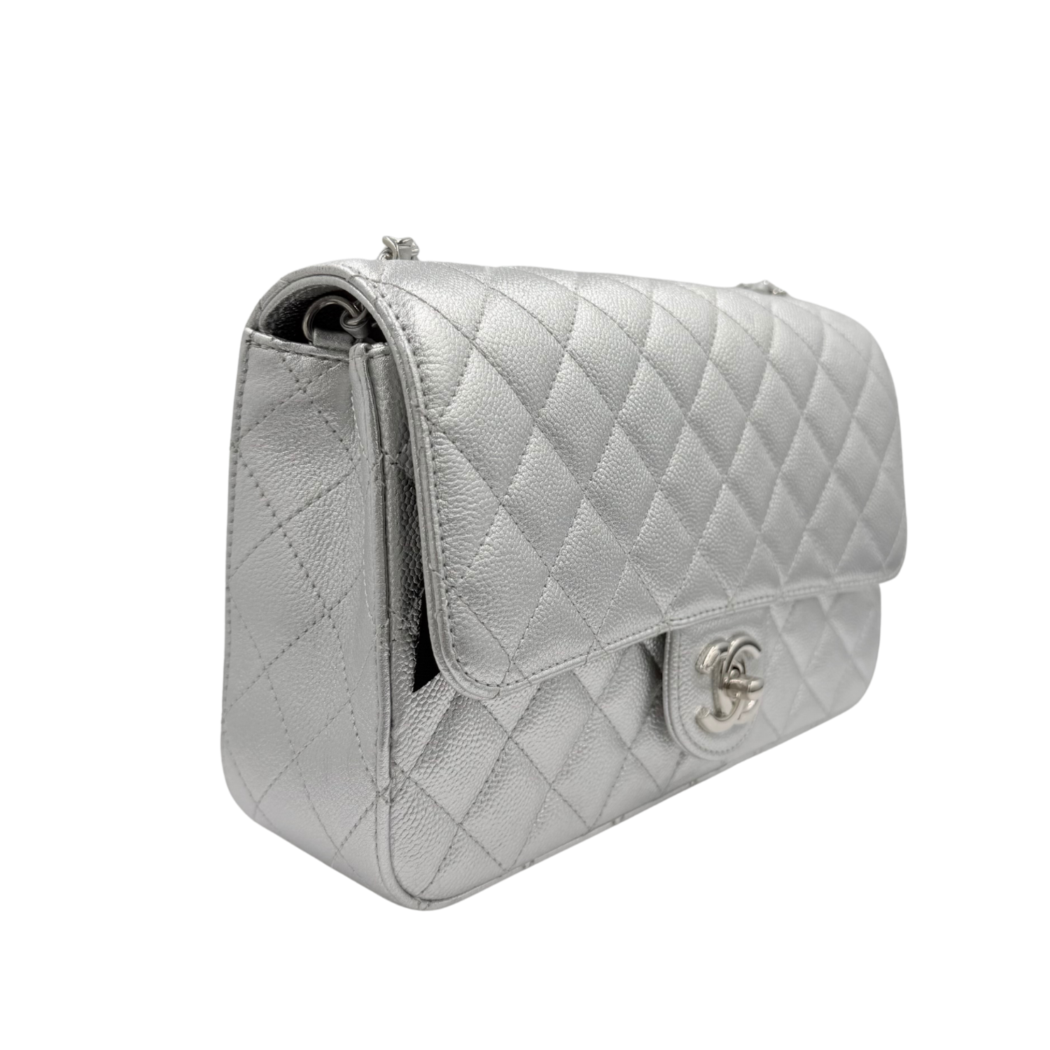Chanel Medium Metallic Caviar Quilted CC Slide Flap Silver