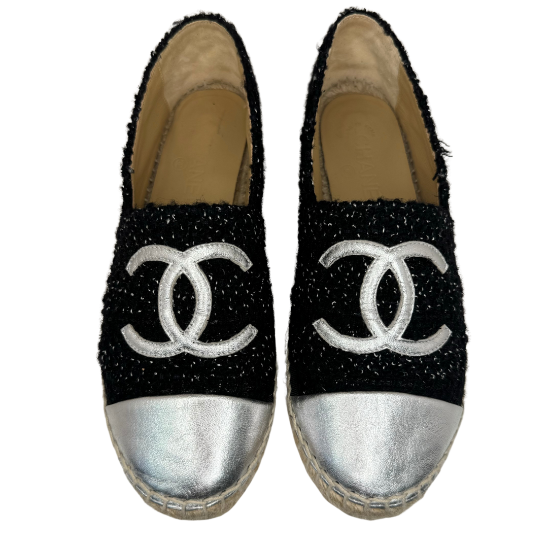 Chanel Lambskin Tweed Espadrilles Black Silver