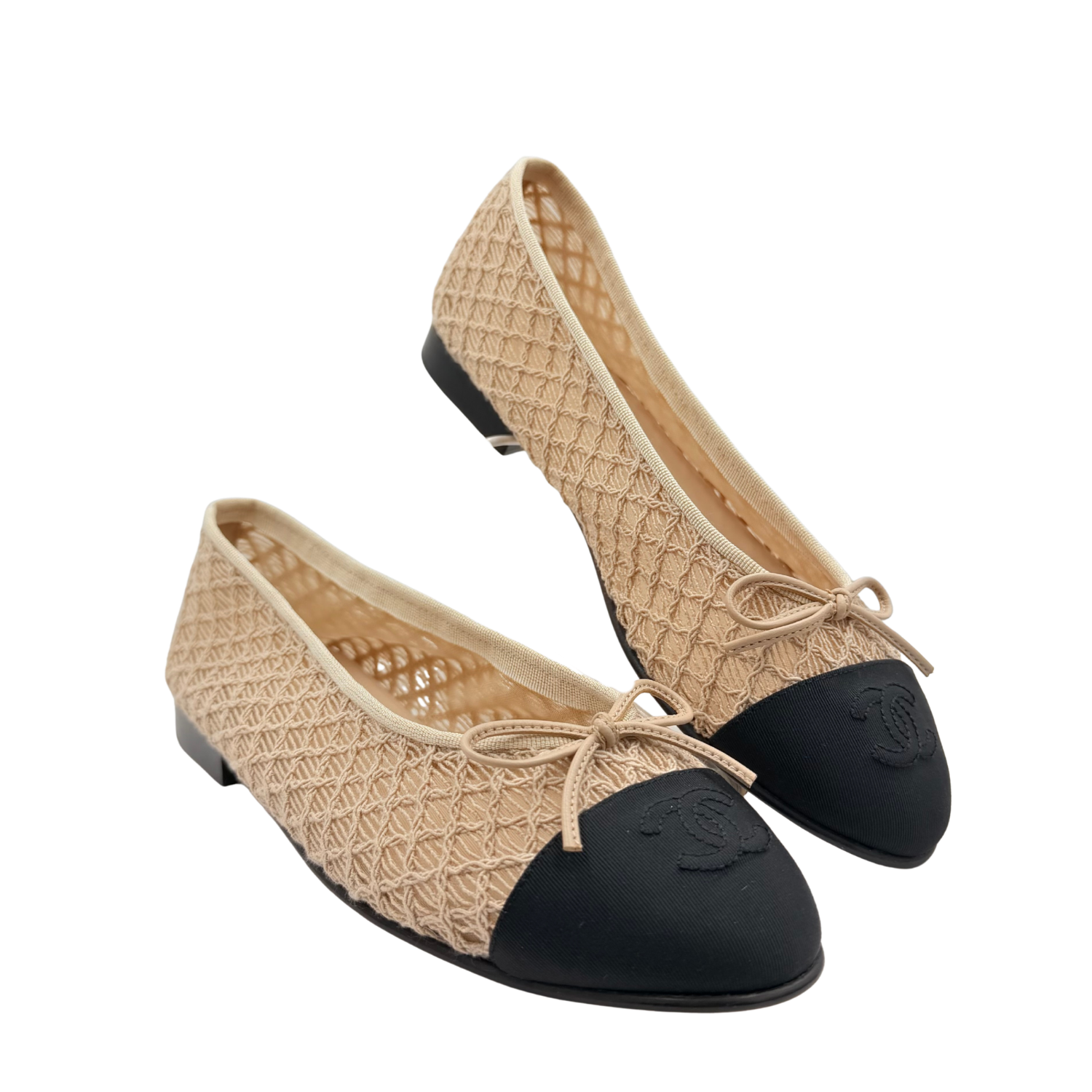 Chanel Mesh Crochet Grosgrain Cap Toe Ballerina Flats Beige Black Size 38