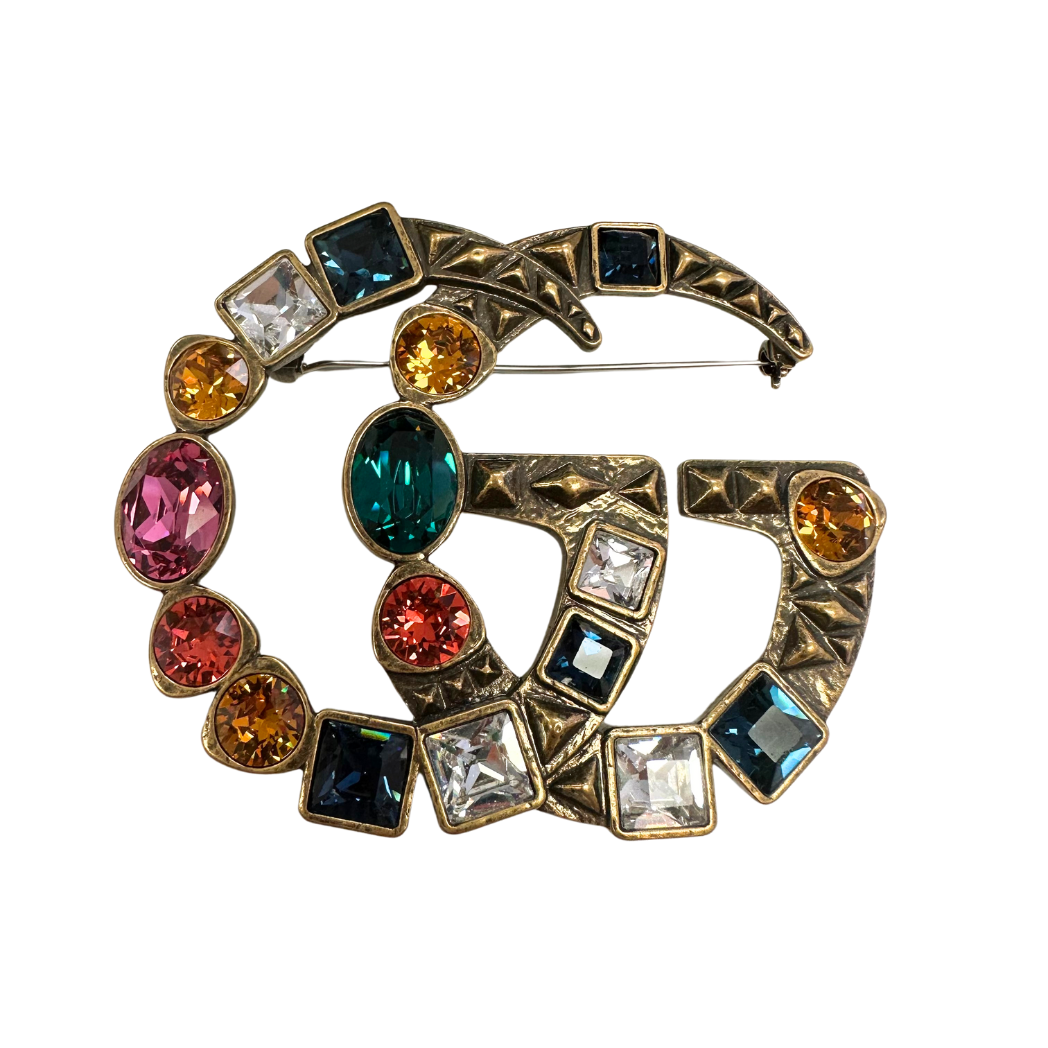 Gucci Gold and Crystal Double G Brooch